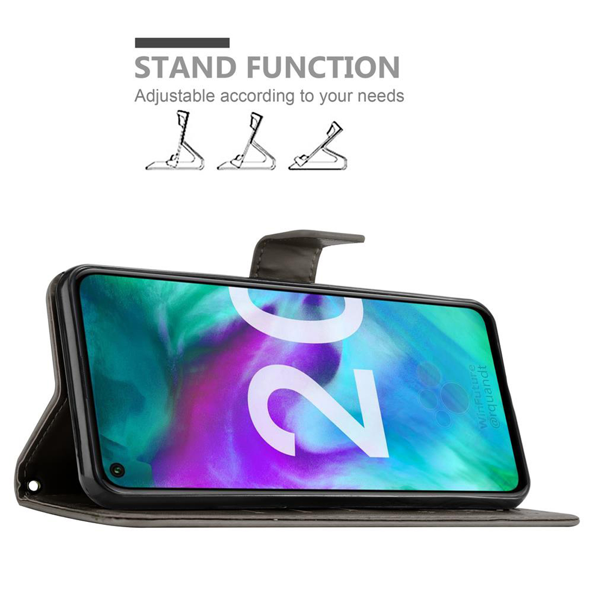 Telefon in grauem Etui, offen. Anzeige zeigt abstrakte Kunst. Das Etui hat eine Standfunktion.