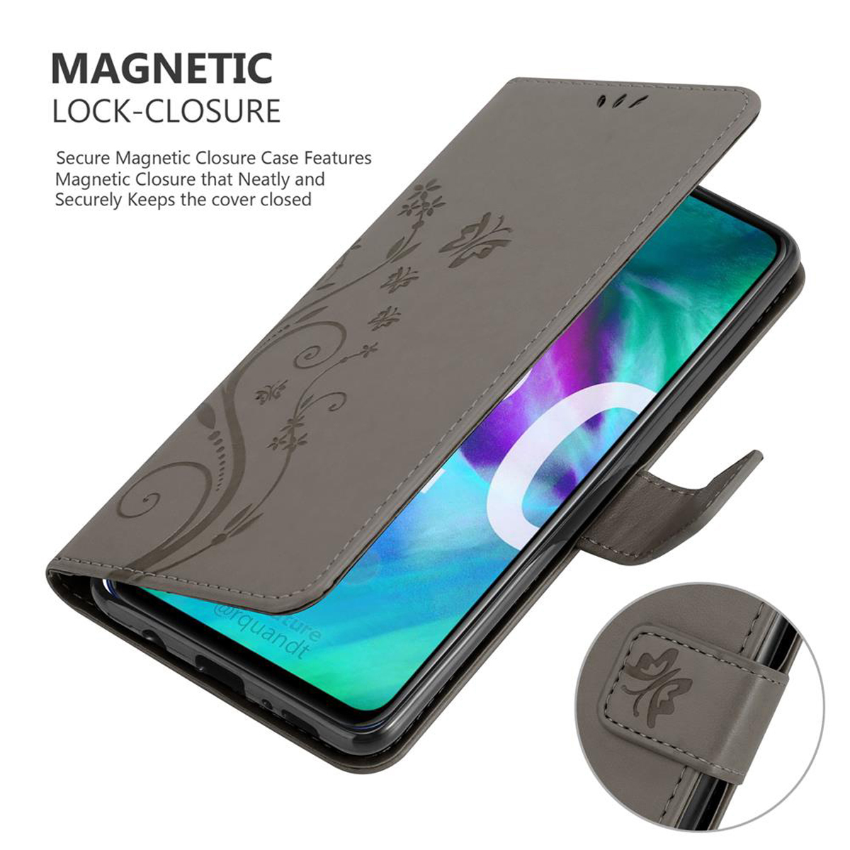 Graue Handyhüllen-Geldbörse mit floralem Design. Geöffnet, zeigt Telefon und Verschluss. Magnetischer Verschluss.