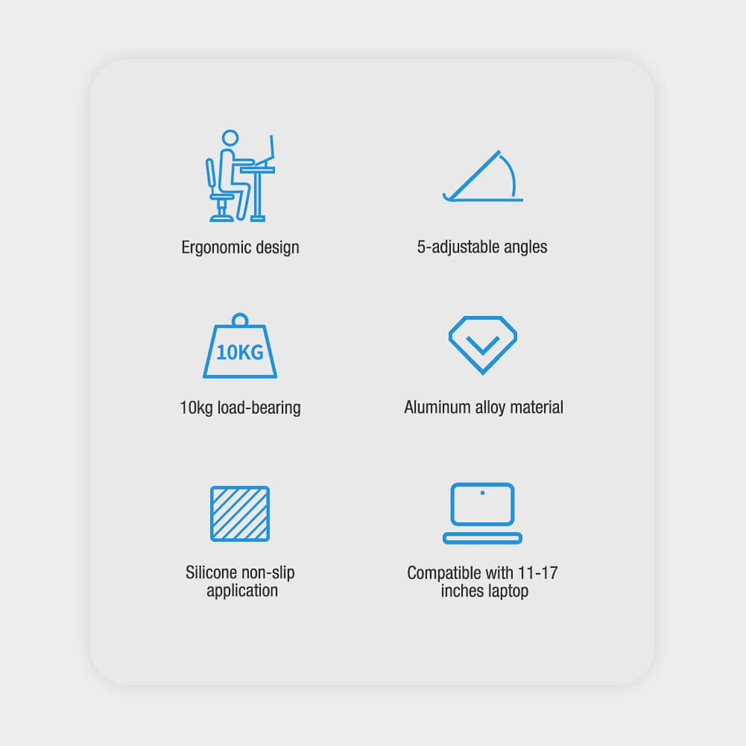 Diagramm mit Symbolen, die Funktionen beschreiben. Symbole zeigen: ergonomisches Design, verstellbare Winkel, Tragfähigkeit, Aluminiumlegierung.