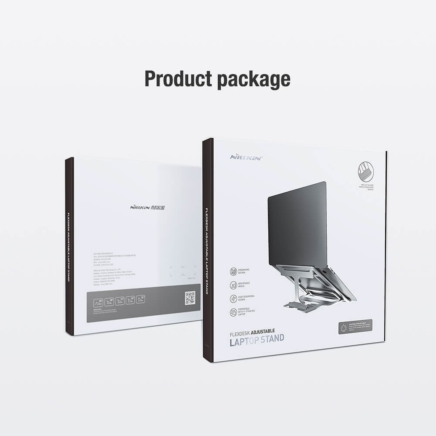 Zwei weiße Kartons mit einem Laptop-Ständer. Der Text 'Produktverpackung' steht oben.