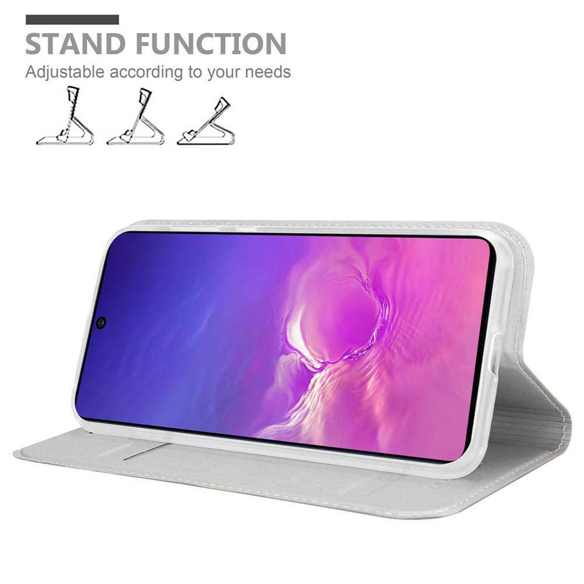 Ein Telefon in einer weißen Hülle, geöffnet, um den Bildschirm anzuzeigen. Standfunktionsdiagramme befinden sich oben.
