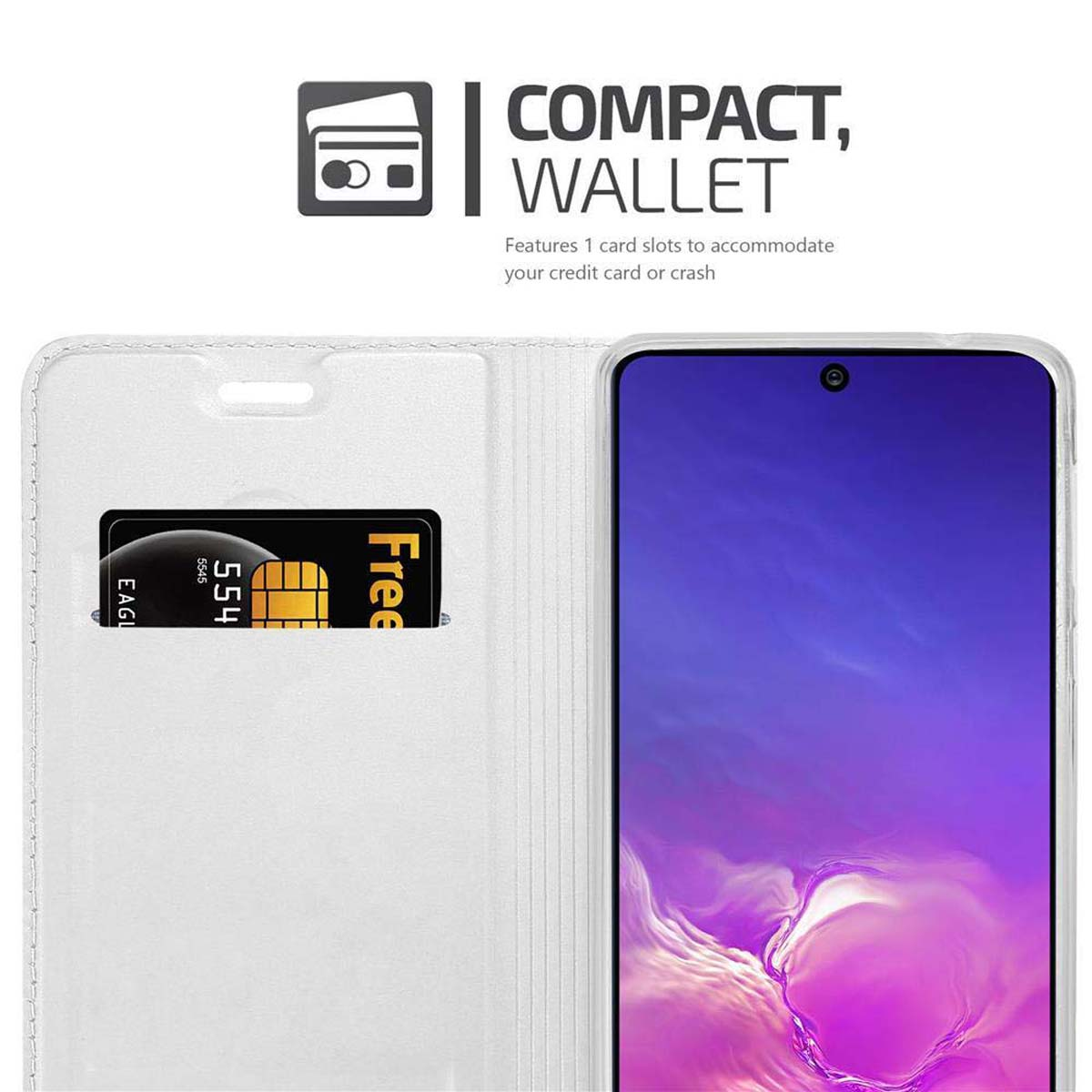 Weißes Telefon-Wallet offen mit Telefon und Karte. Text: KOMPAKT, WALLET.