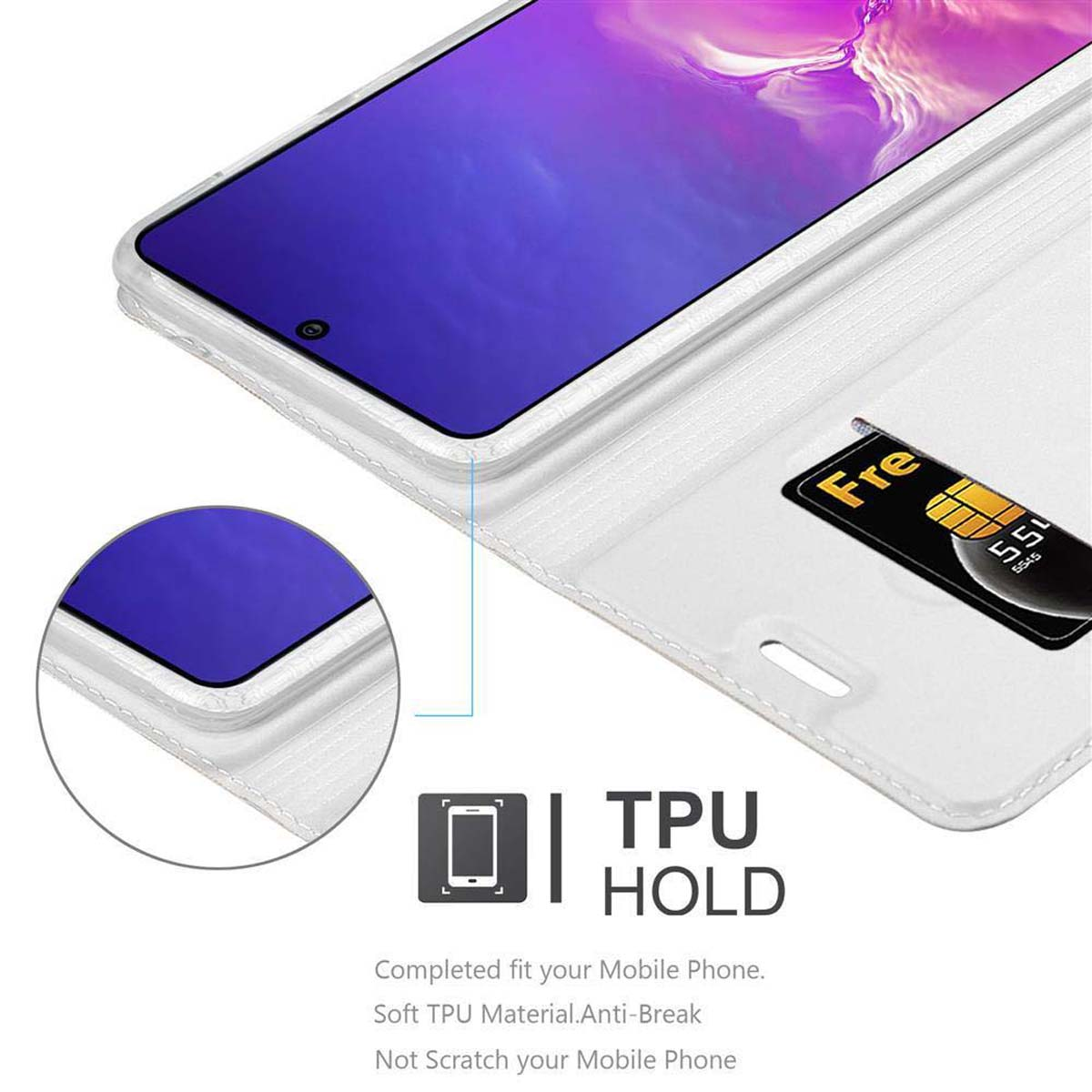 Weiße Handyhülle mit Telefon und SIM-Karte. Text über TPU Hold.