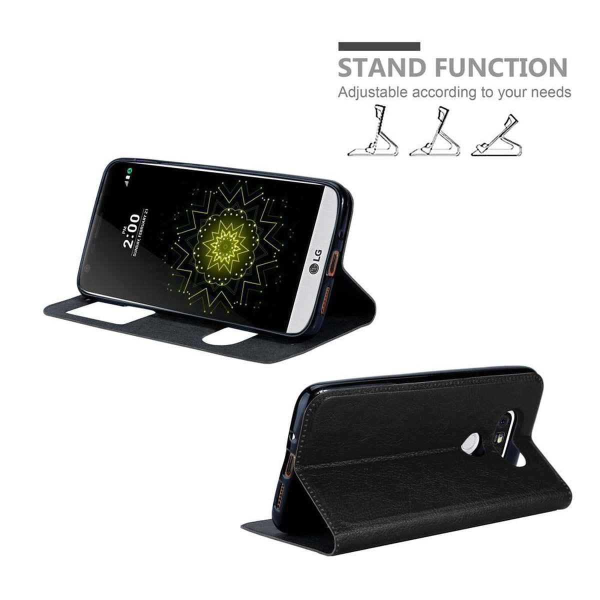 Smartphone in una custodia nera. La custodia è aperta e in posizione stand.