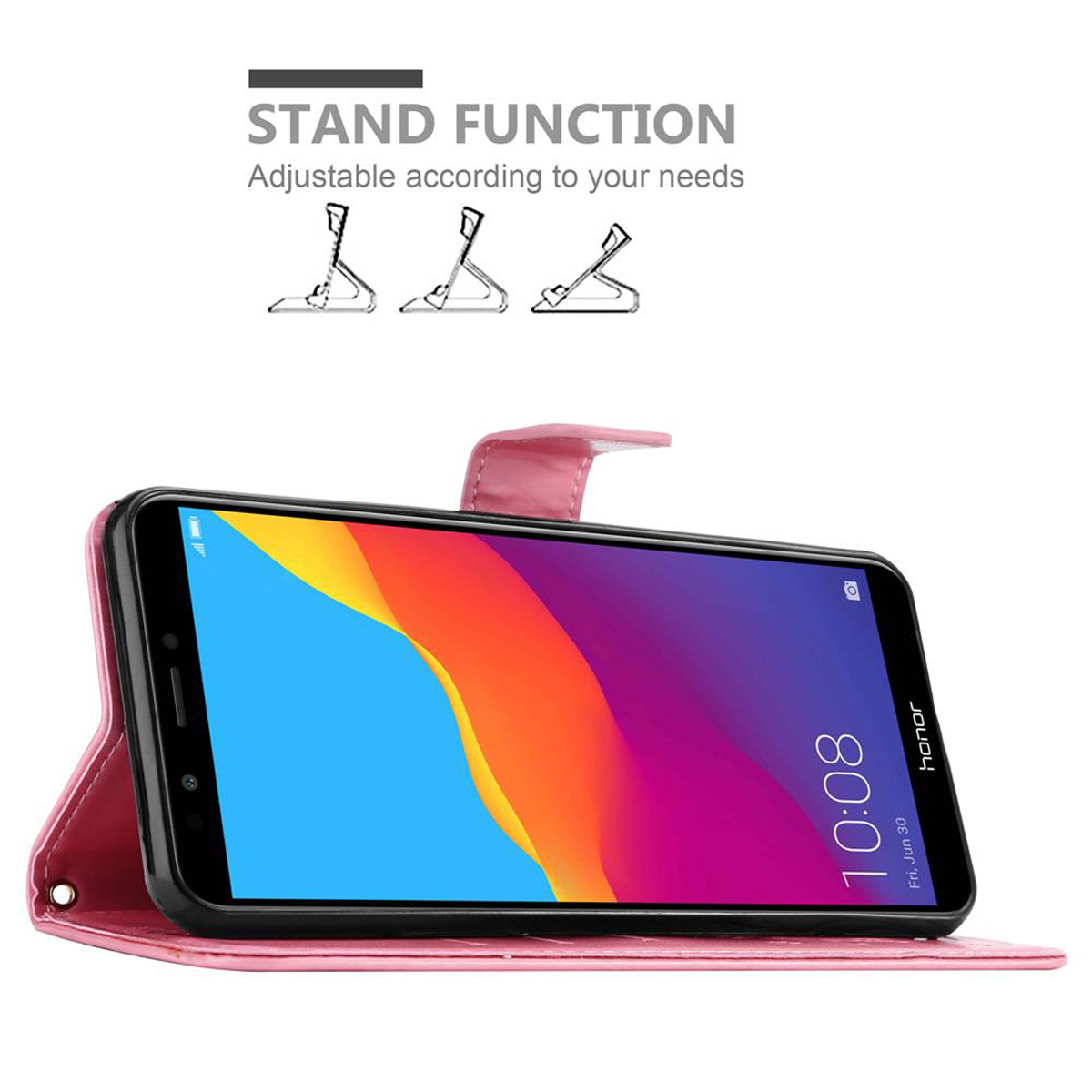 Custodia per telefono rosa, usata come supporto. Lo schermo del telefono mostra un'interfaccia utente colorata. Supporto.