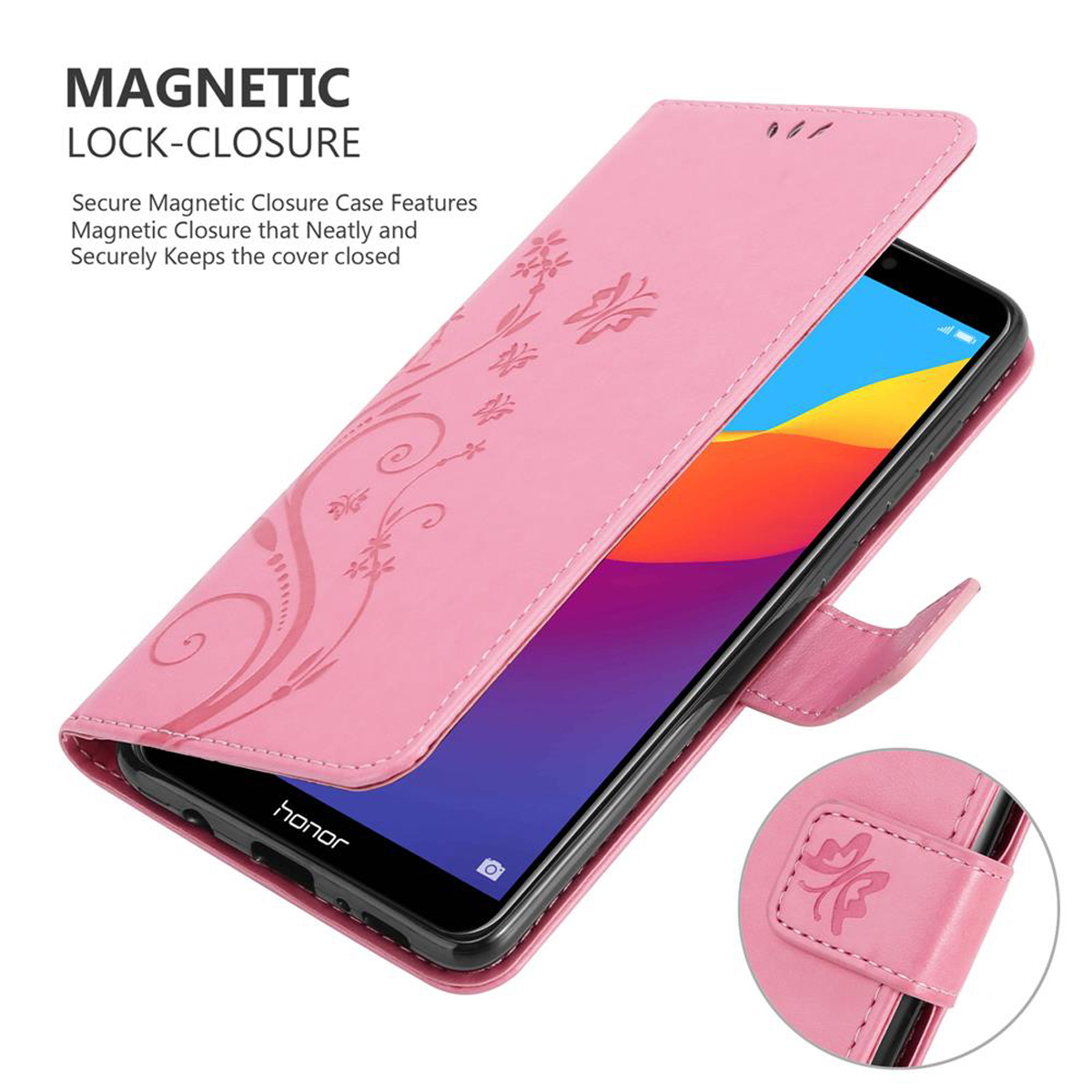 Custodia rosa per telefono con design floreale. Il telefono è visibile. Testo sulla custodia.