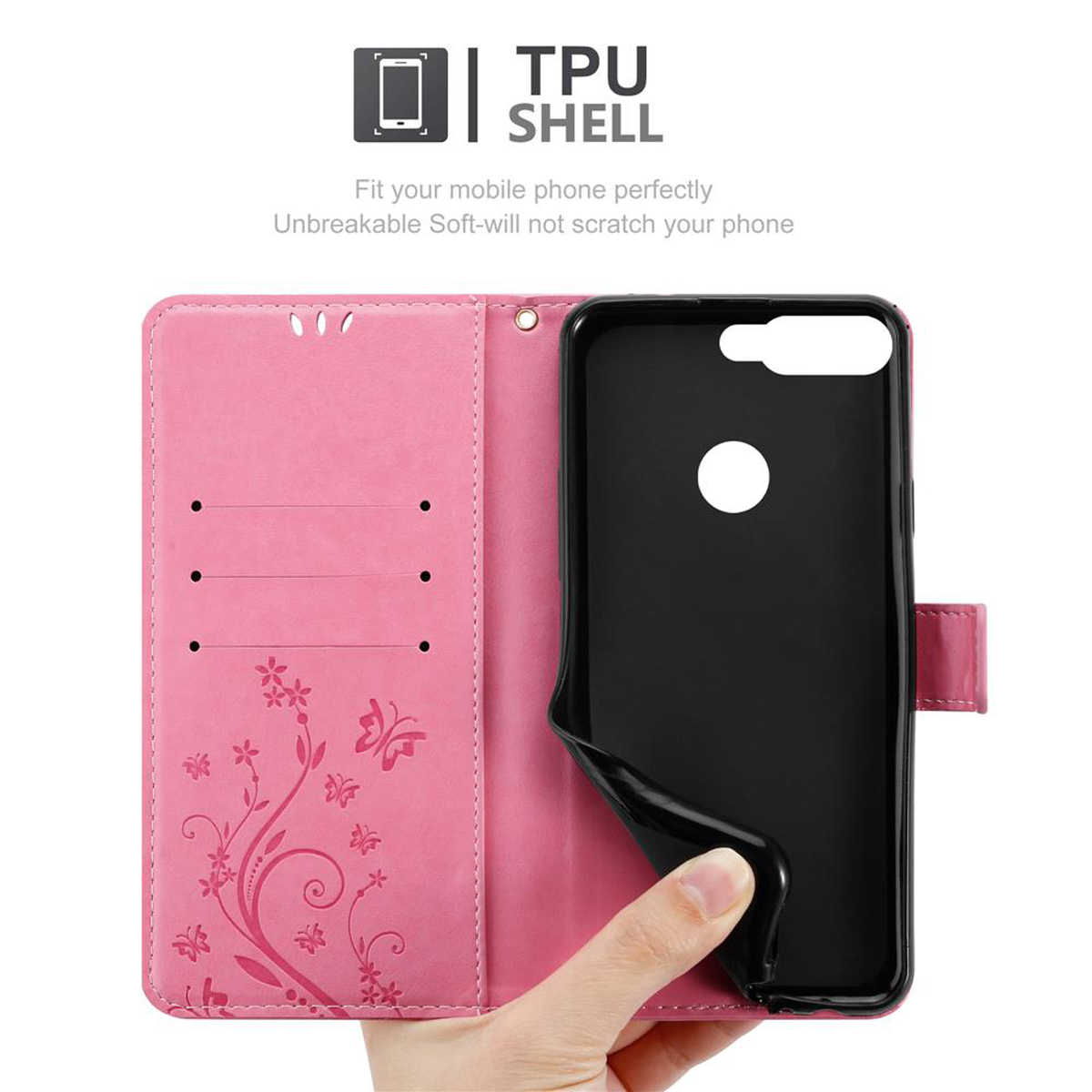 Una custodia per telefono rosa è aperta, rivelando un telefono nero all'interno. La custodia ha un design floreale.