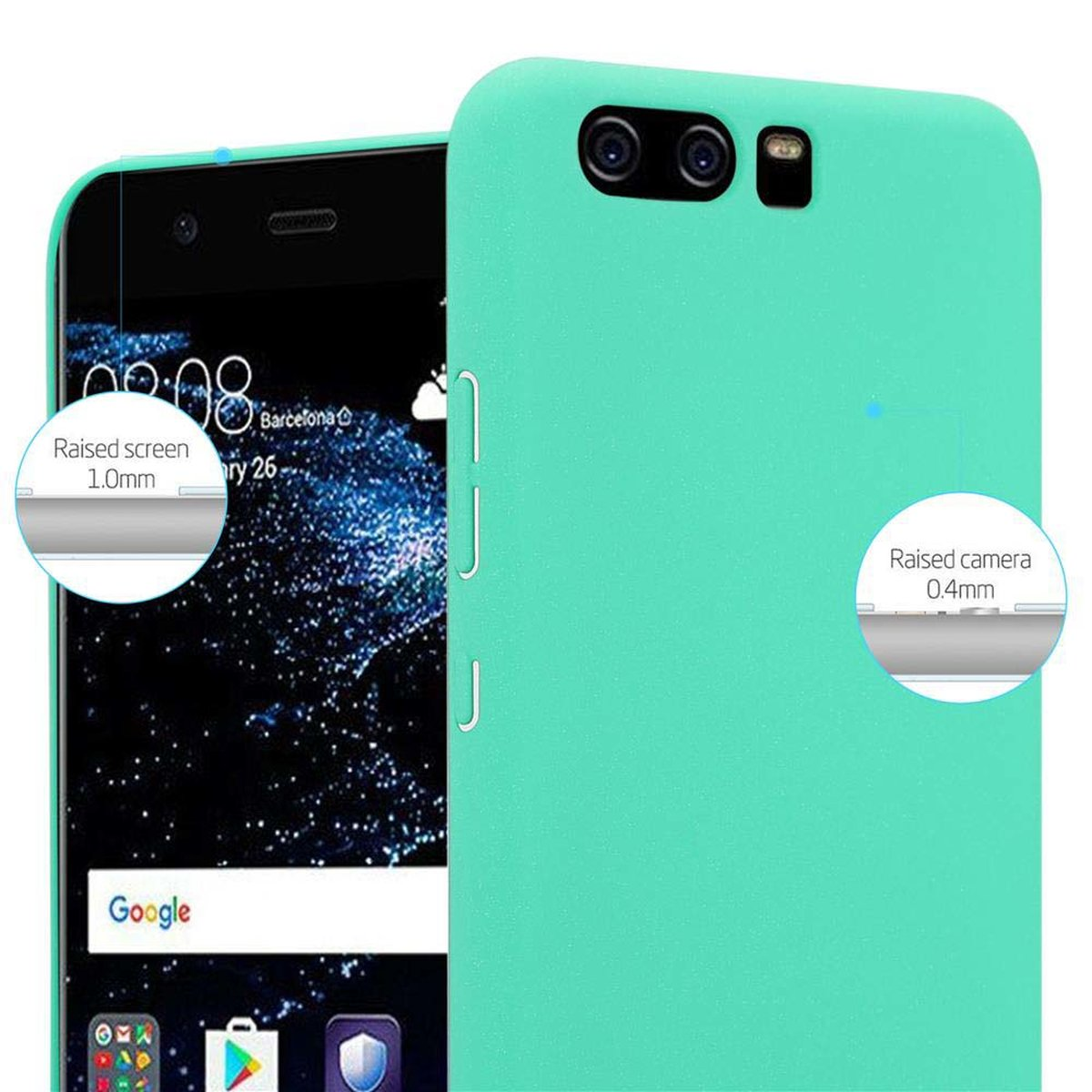 Nahaufnahme einer mintfarbenen Handyhülle auf einem Telefon, mit erhöhtem Bildschirm und Kamera.