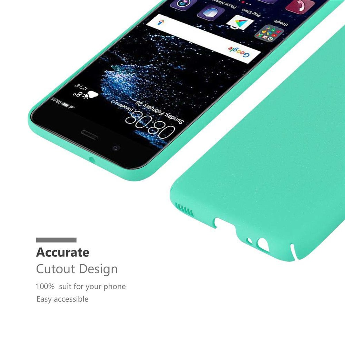Ein Telefon und eine Hülle. Die Hülle hat eine hellgrüne Farbe. Das Telefon zeigt Uhrzeit und Datum an.
