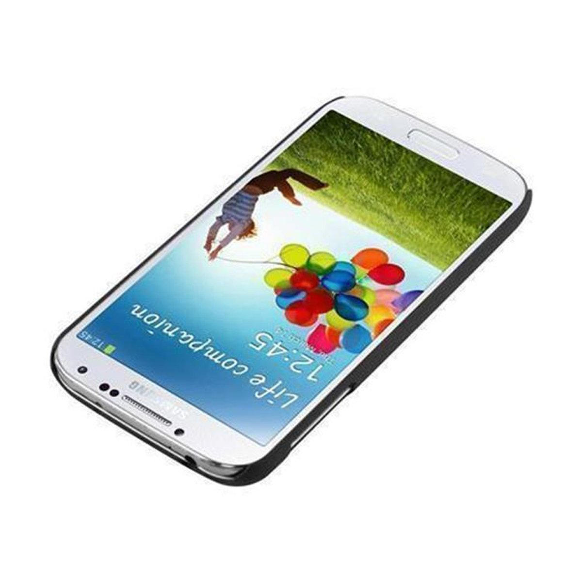 Weißes Telefon mit schwarzem Gehäuse, zum Betrachter geneigt. Bildschirm zeigt springende Person, Ballons.