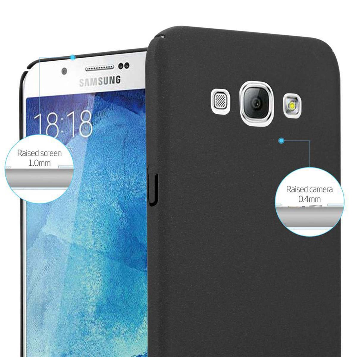 Custodia nera per telefono con telefono Samsung. I dettagli mostrano schermo e fotocamera rialzati. L'ora è 18:18.