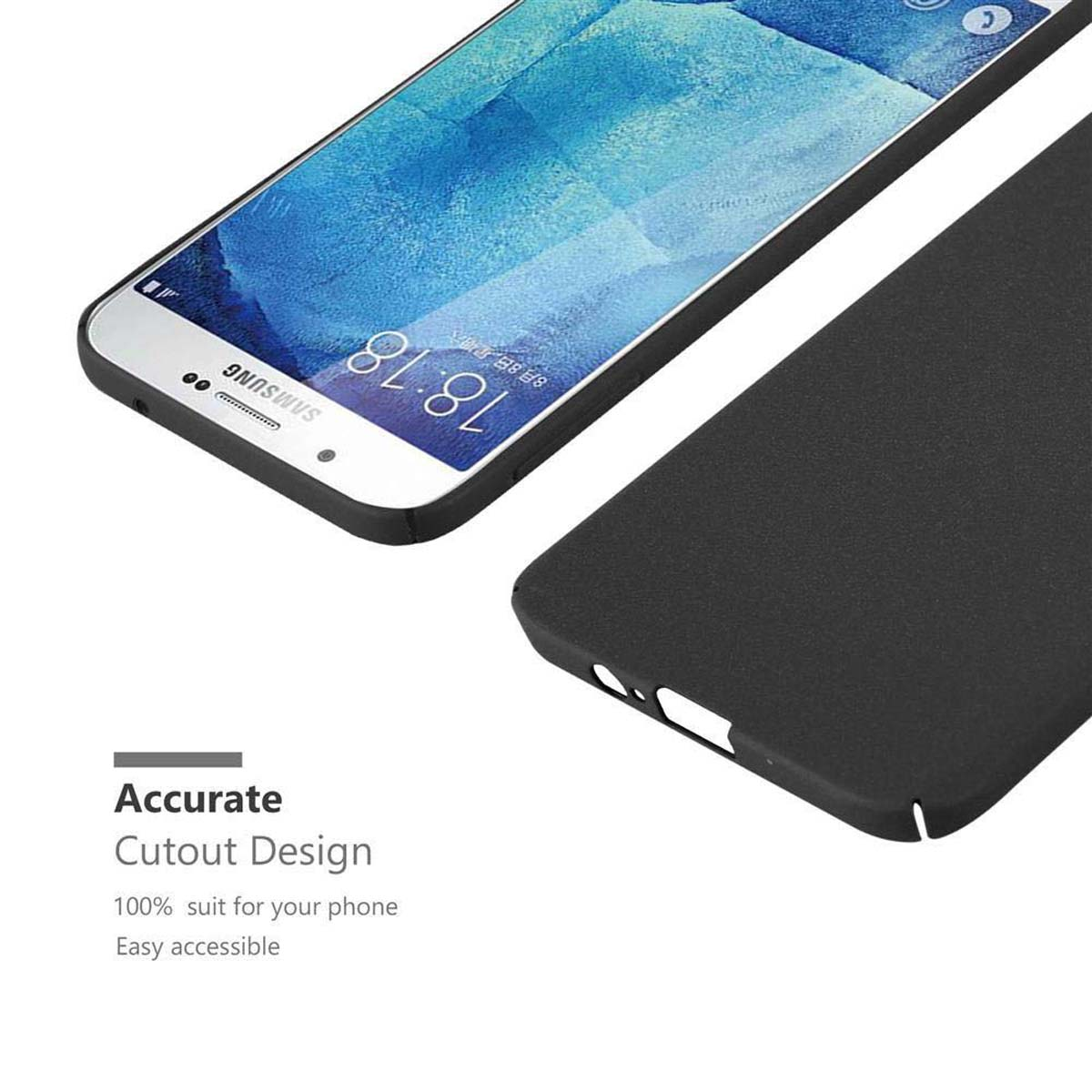 Telefono con custodia nera. Testo: Design preciso, Adatto al 100% per il tuo telefono, Facile da accedere.
