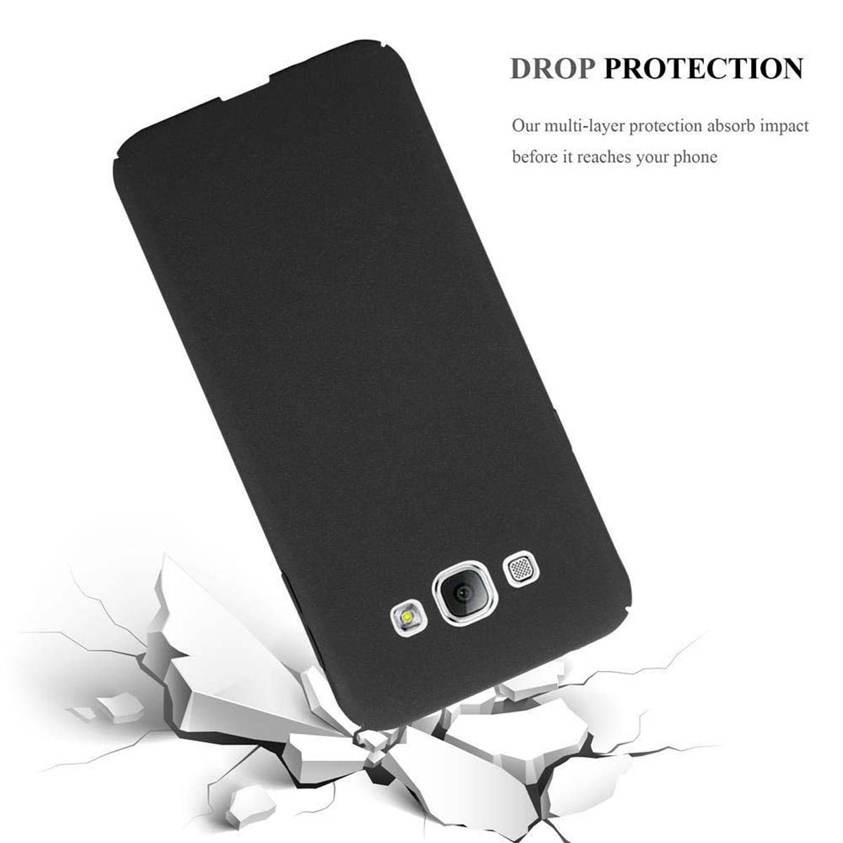 Custodia nera per telefono, terreno crepato. Testo: Drop Protection.