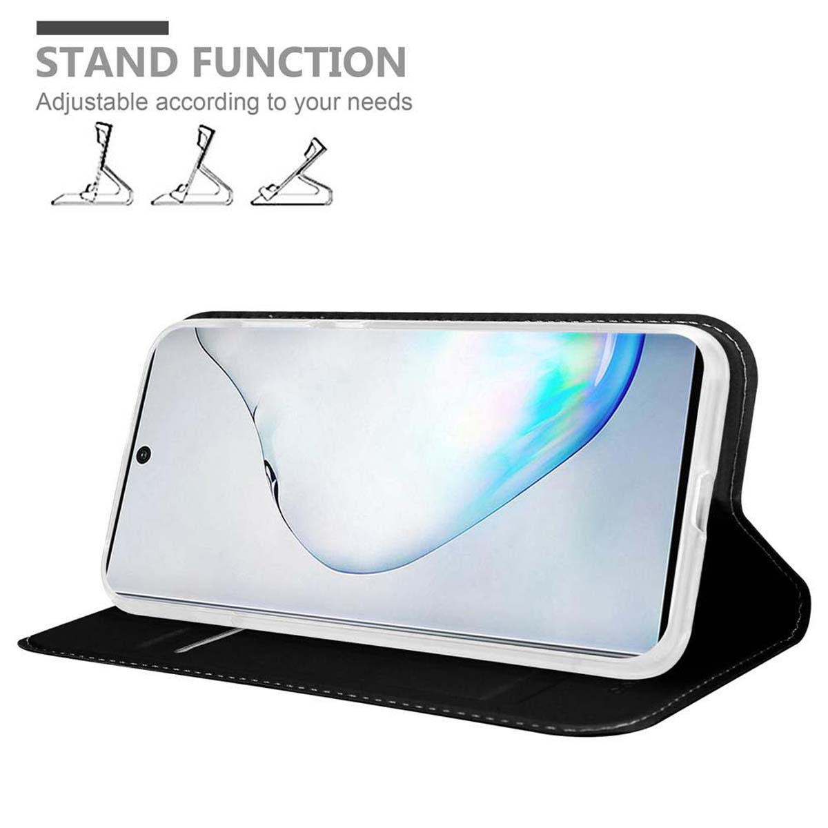 Custodia nera con telefono dentro. Il telefono è blu e la custodia può stare in piedi. Sfondo bianco.