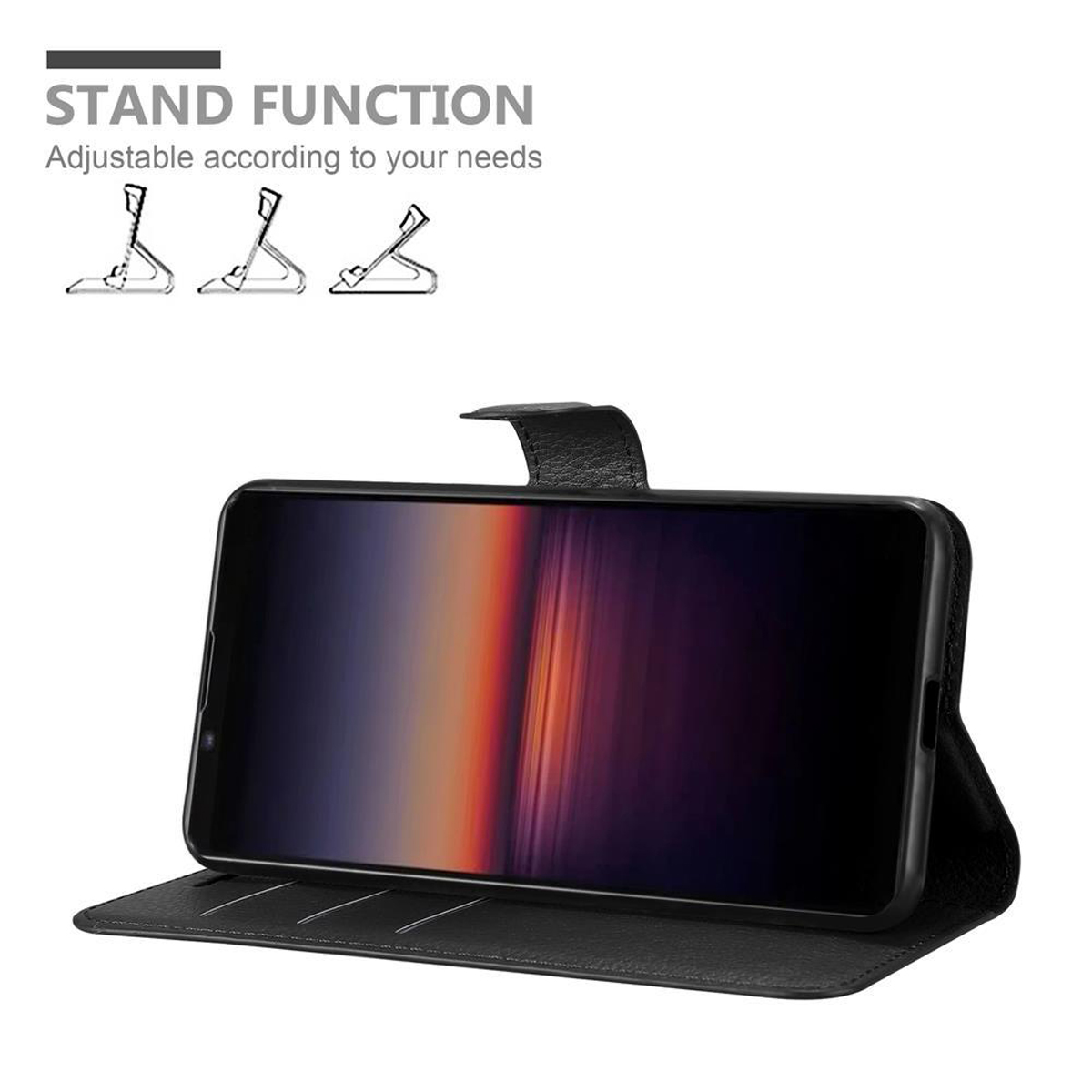 Custodia per telefono nera in posizione stand. Il telefono è sul supporto. Testo e diagrammi della funzione supporto in alto.