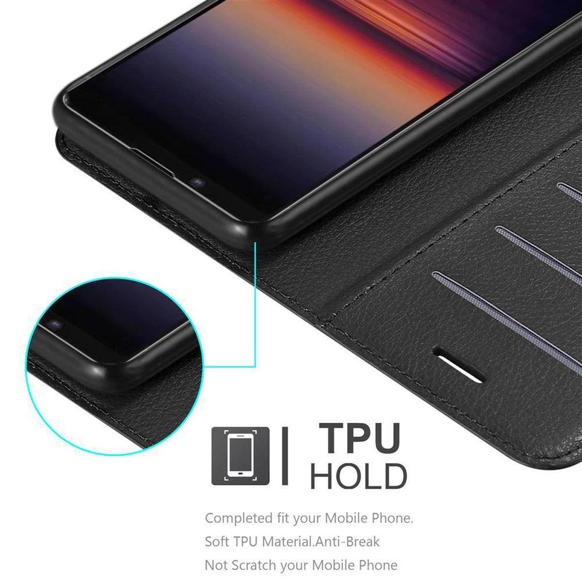 Custodia nera aperta, telefono dentro. Testo bianco dice TPU HOLD e descrizione.
