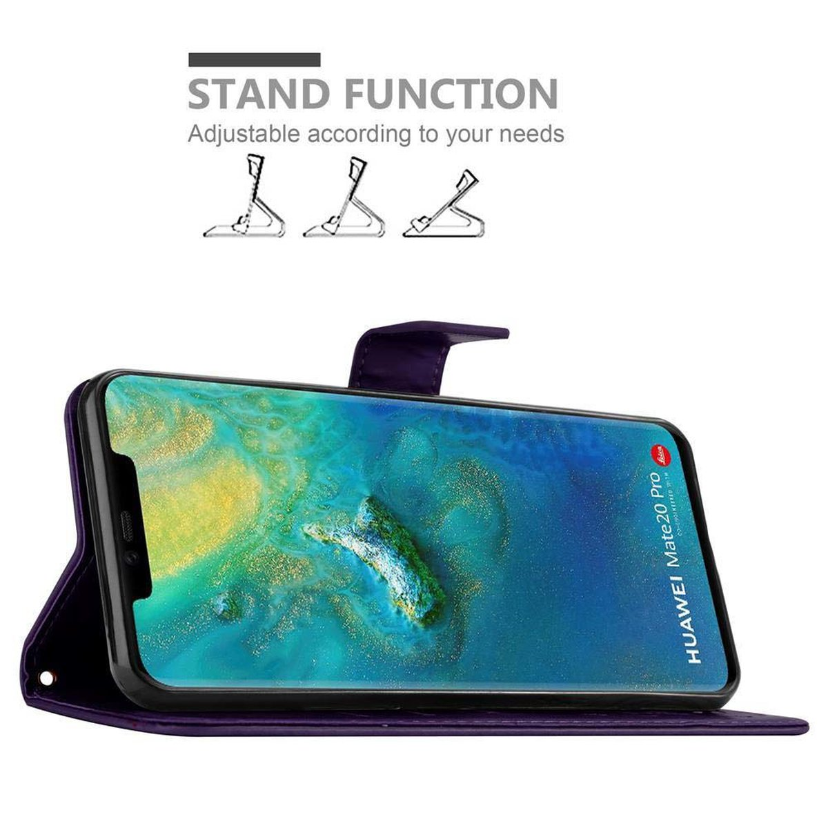 Custodia per telefono in modalità supporto, che supporta un telefono con schermo acceso.
