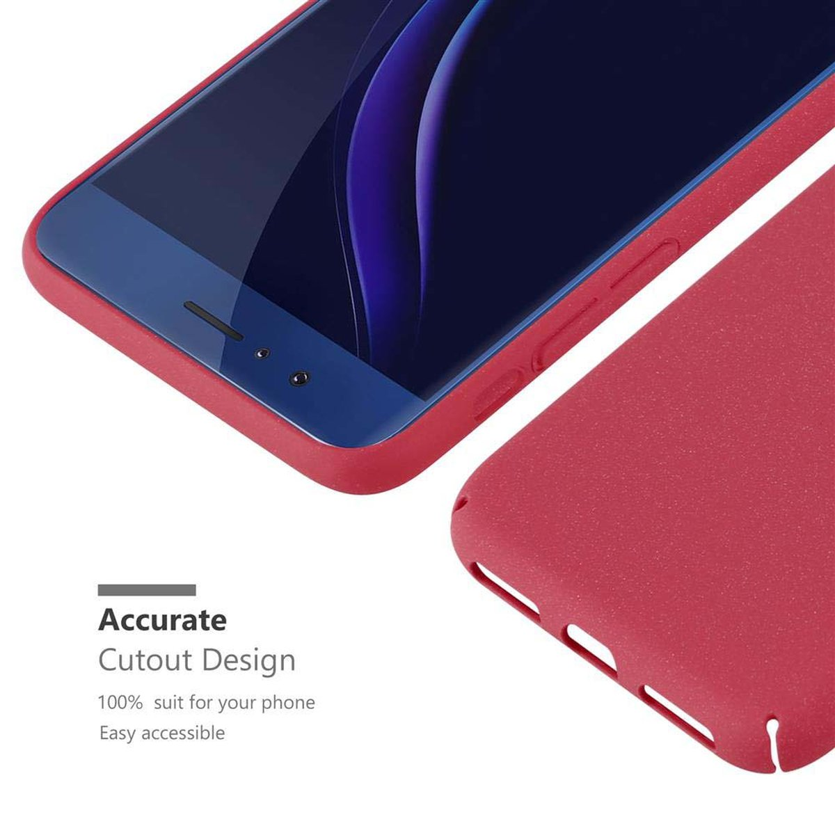 Rote Handyhülle mit Telefon. Das Gehäuse ist rot und hat ein Ausschnittdesign.