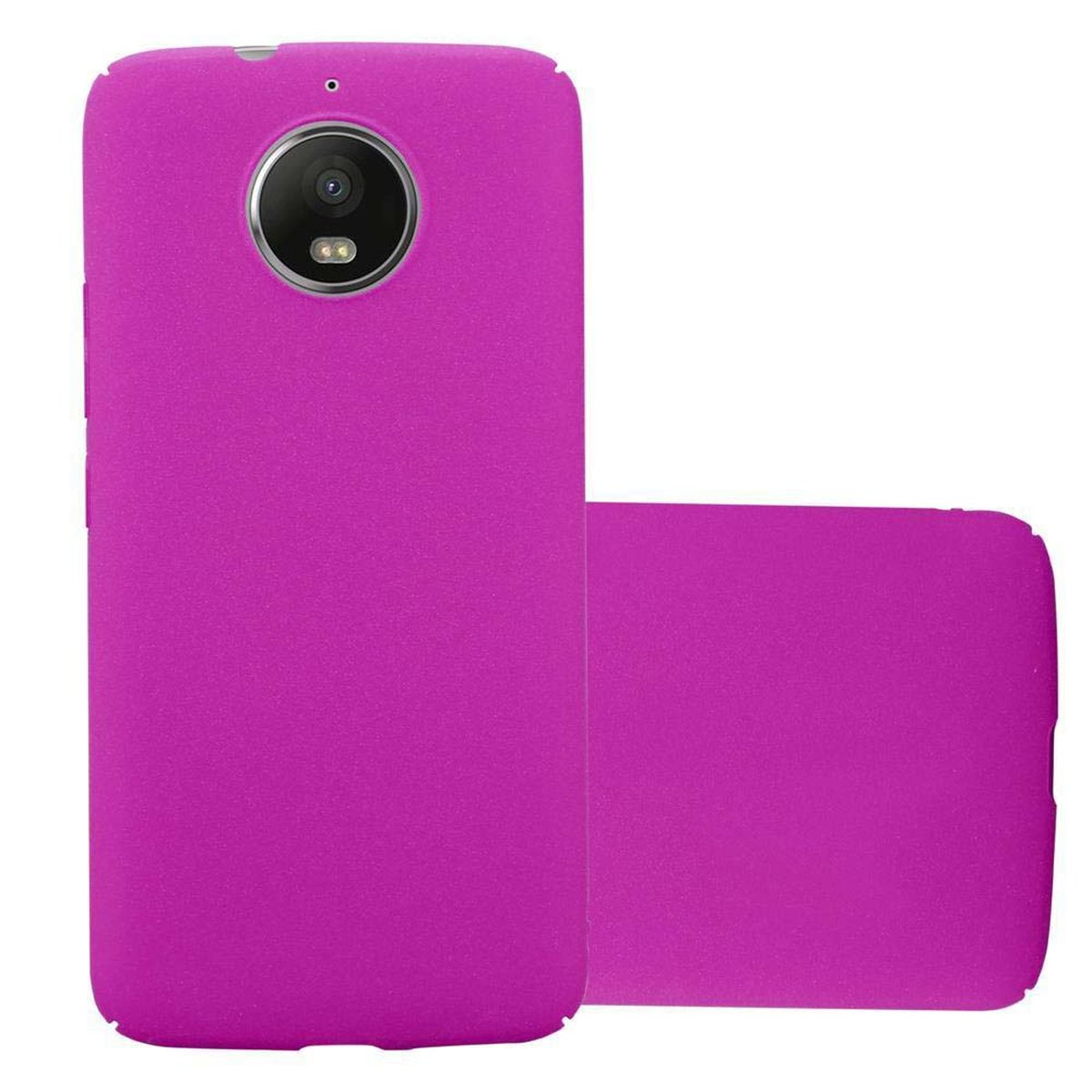 Custodia e telefono rosa, lato posteriore. Il telefono è di colore magenta.
