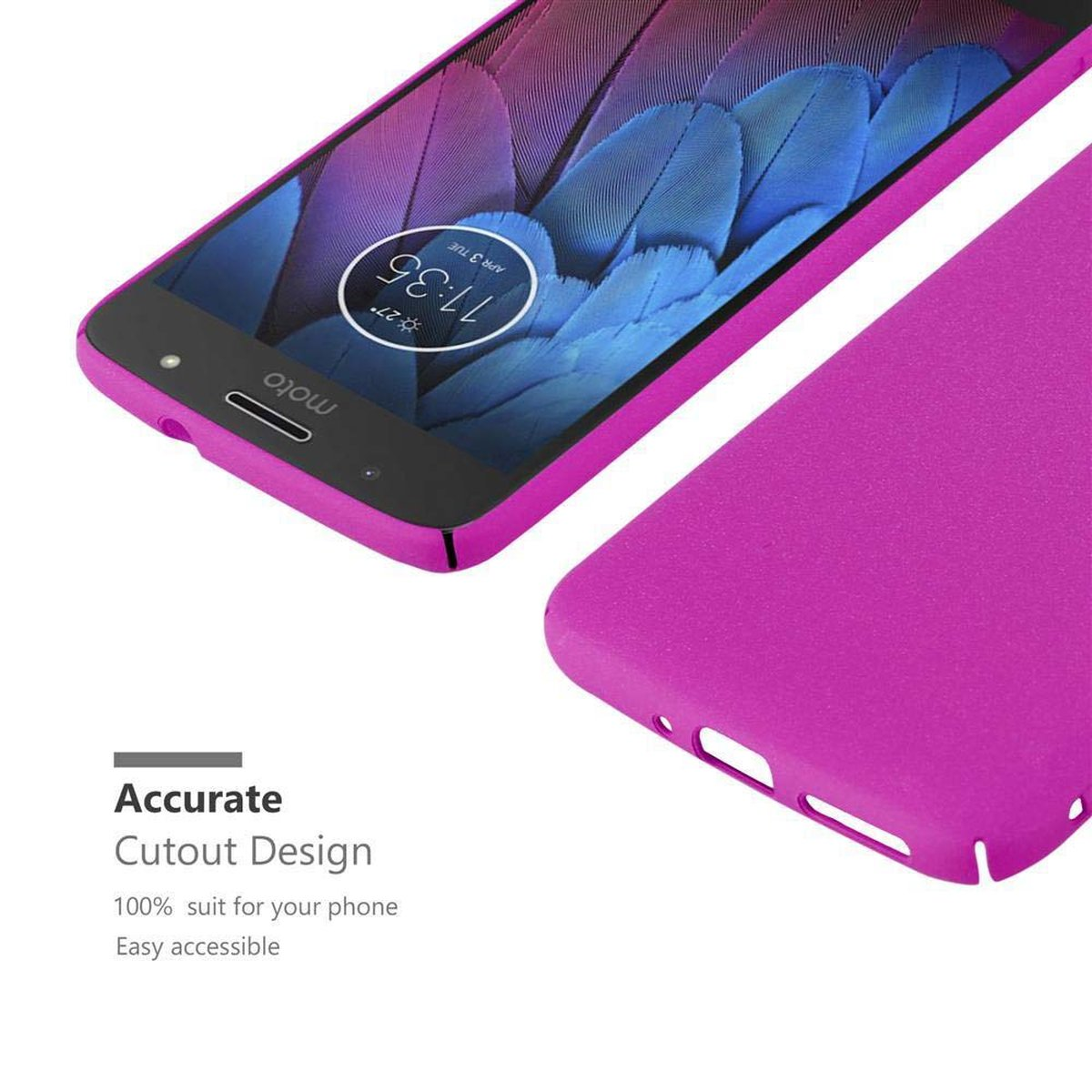Una custodia per telefono rosa e un telefono. Lo schermo mostra l'ora. La custodia è di lato.