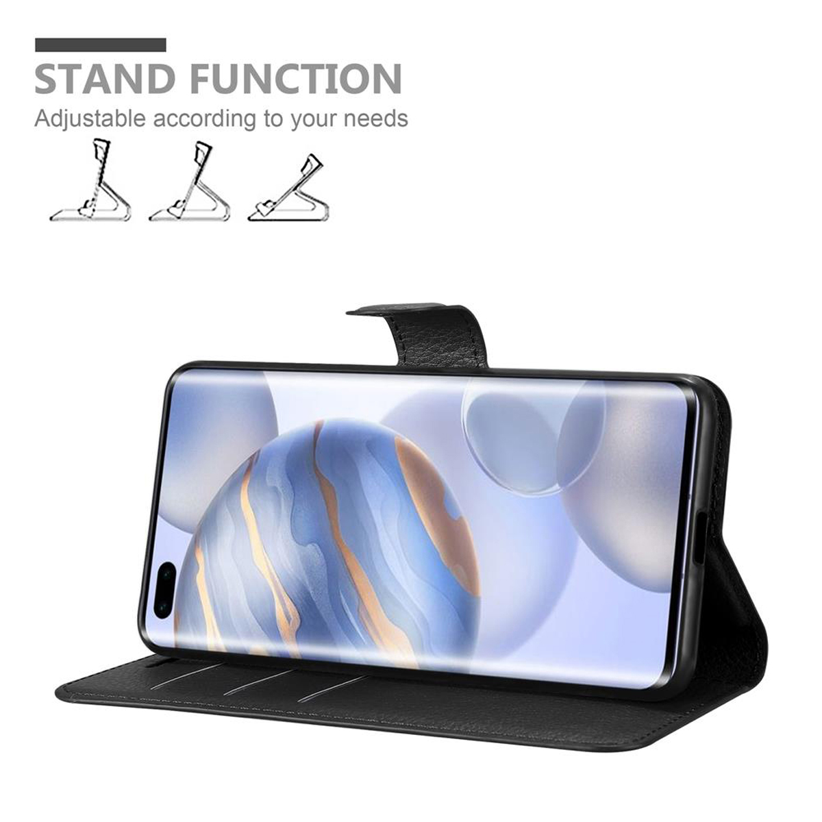 Schwarze Handyhülle mit Telefon, das ein blaues und goldenes Marmordesign zeigt. Das Telefon ist aufgestellt.