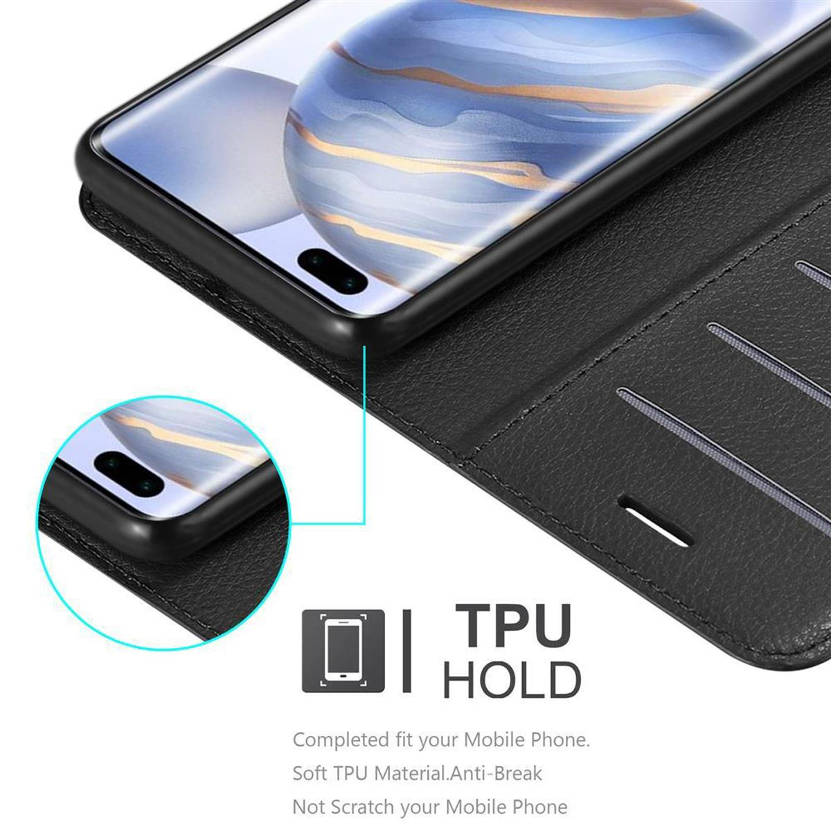 Schwarze Handyhülle mit Telefon. Die Hülle ist offen. Sichtbarer Text: TPU HOLD und Telefondetails.
