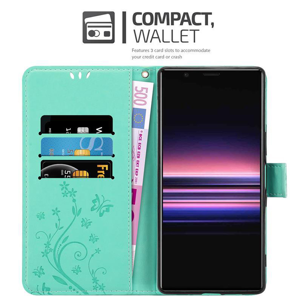 Custodia a portafoglio verde menta aperta, mostra telefono, carte, denaro.