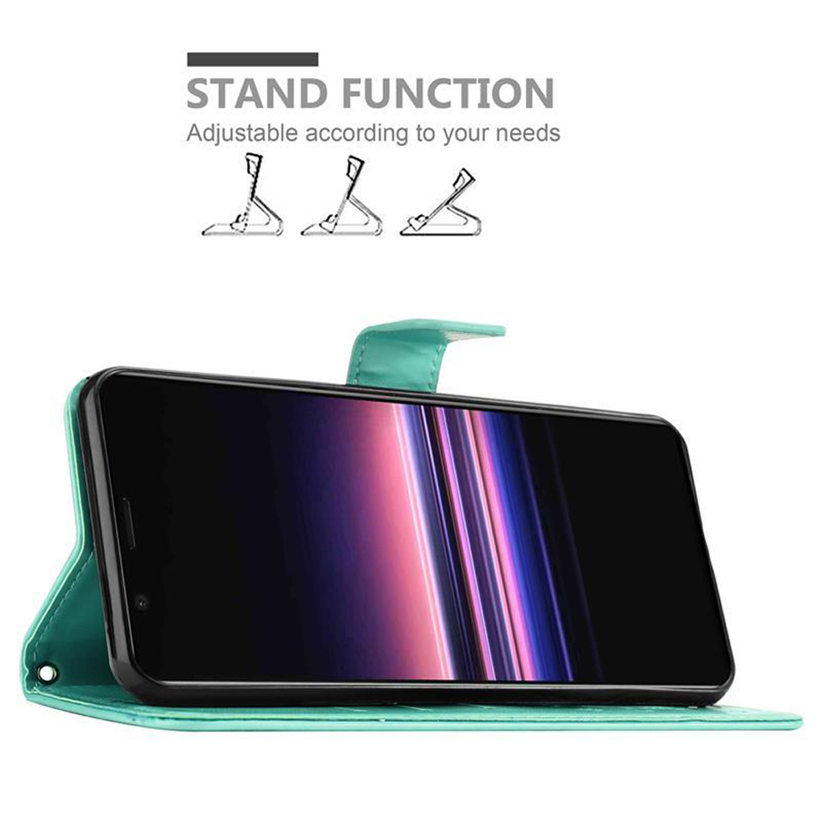 Telefono in una custodia verde acqua aperta. Funzione supporto con esempi di illustrazione.