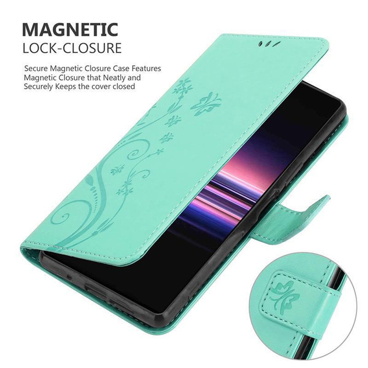 Custodia per telefono verde acqua con telefono all'interno. Design floreale sulla cover. Chiusura magnetica. La cover è aperta.