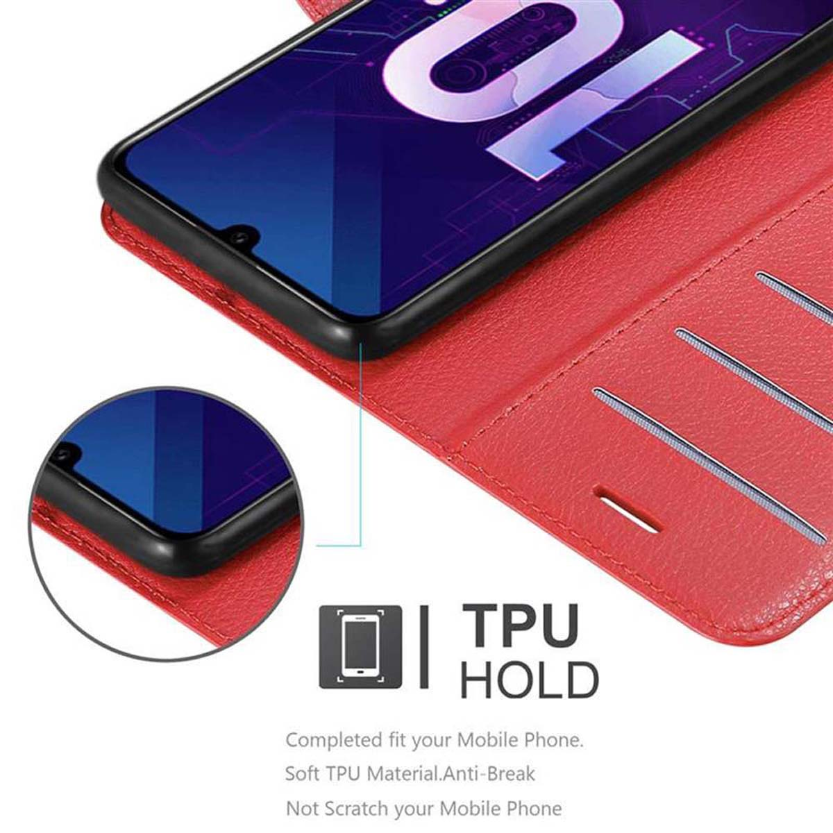 Una custodia rossa per telefono con un telefono nero all'interno. La custodia ha fessure per le carte. La custodia è aperta.