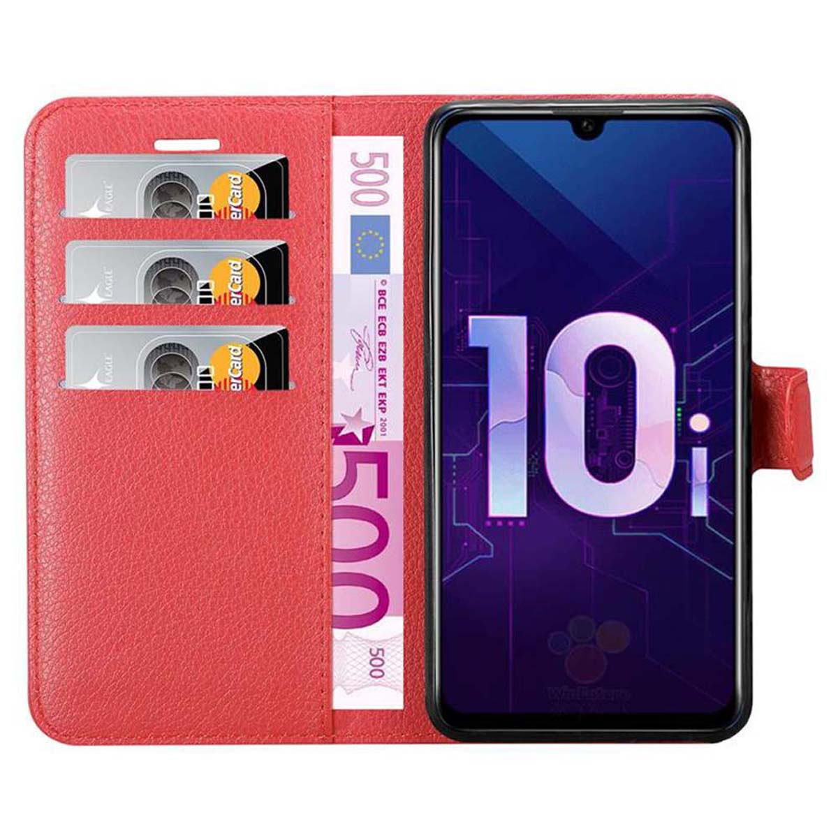 Custodia a portafoglio rossa con telefono, carte e contanti. Il display mostra il numero 10.