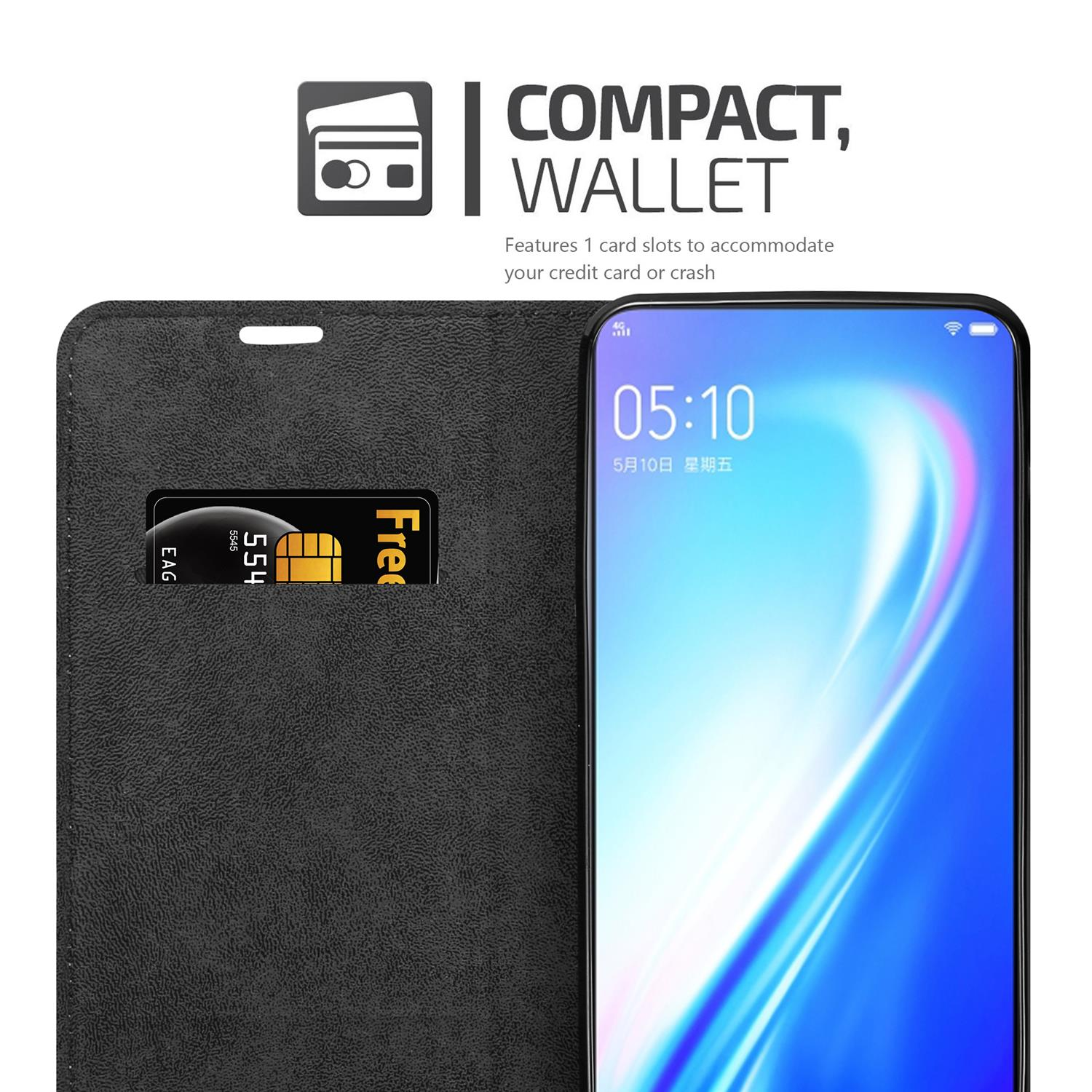 Custodia nera, aperta, con telefono che mostra una SIM e uno slot per carta di credito.