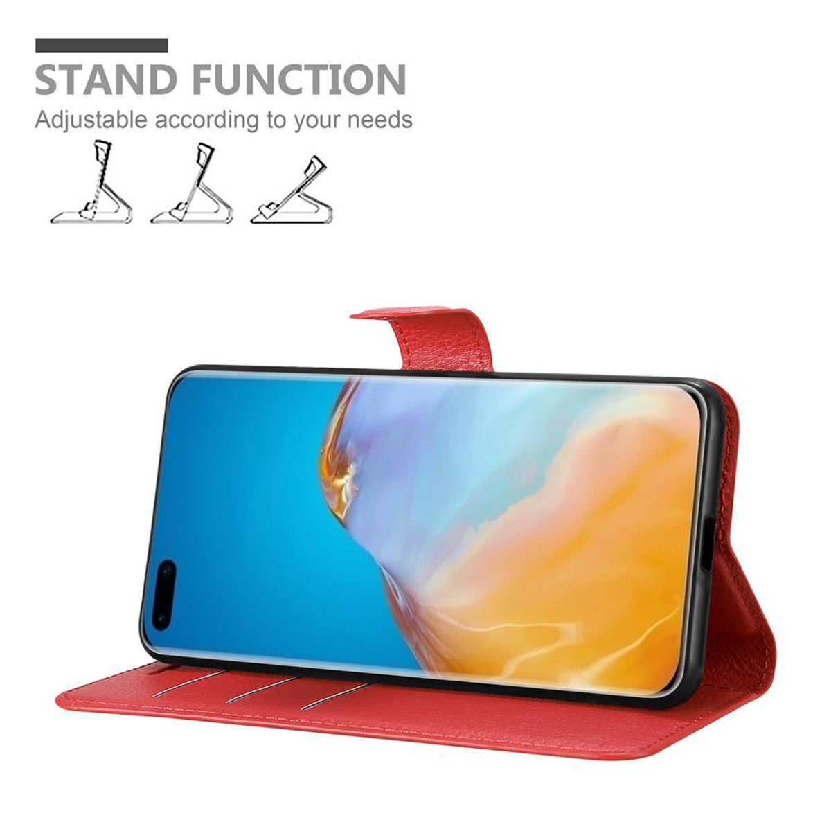 Custodia per telefono rossa aperta con telefono in modalità stand. Icone della funzione stand sopra.