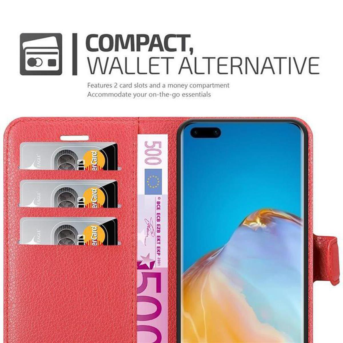 Custodia per telefono rossa aperta con un telefono all'interno. Ci sono slot per contanti e carte. La custodia è rossa.