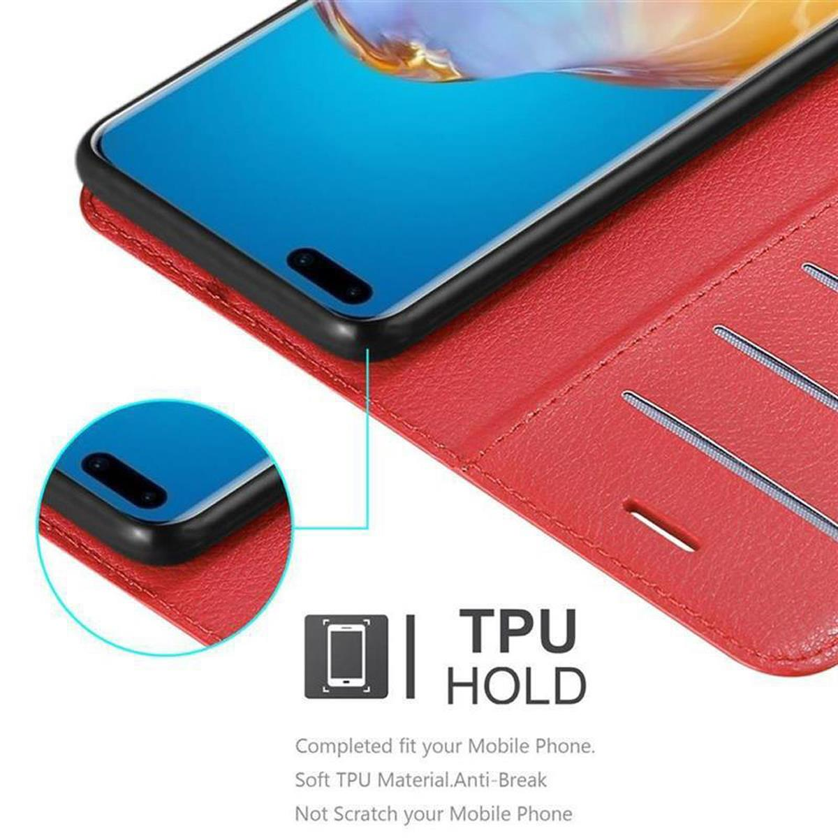 Una custodia per telefono rossa con un telefono all'interno. Il telefono è blu e la custodia è rossa.