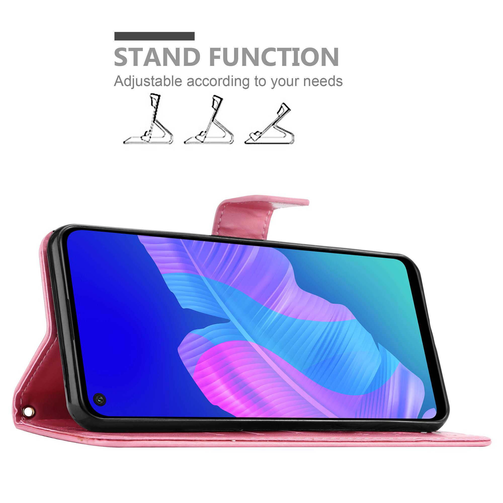 Custodia rosa con telefono dentro. Schermo del telefono acceso, mostra una sfumatura blu.