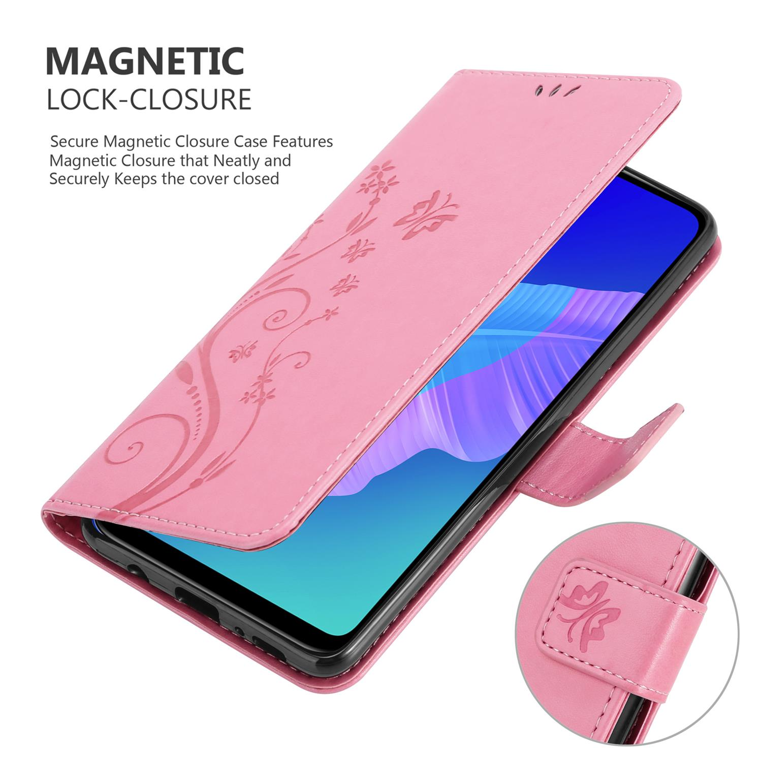 Una custodia per telefono rosa aperta. Il telefono è all'interno. La custodia ha un motivo floreale e chiusura magnetica.