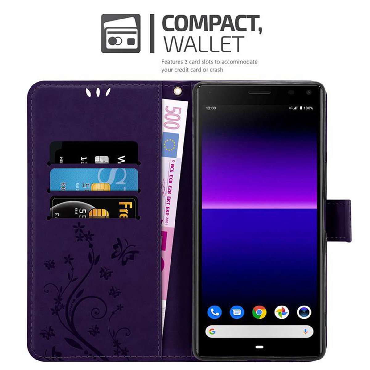 Custodia viola aperta con telefono, carte e denaro. Design compatto a portafoglio.