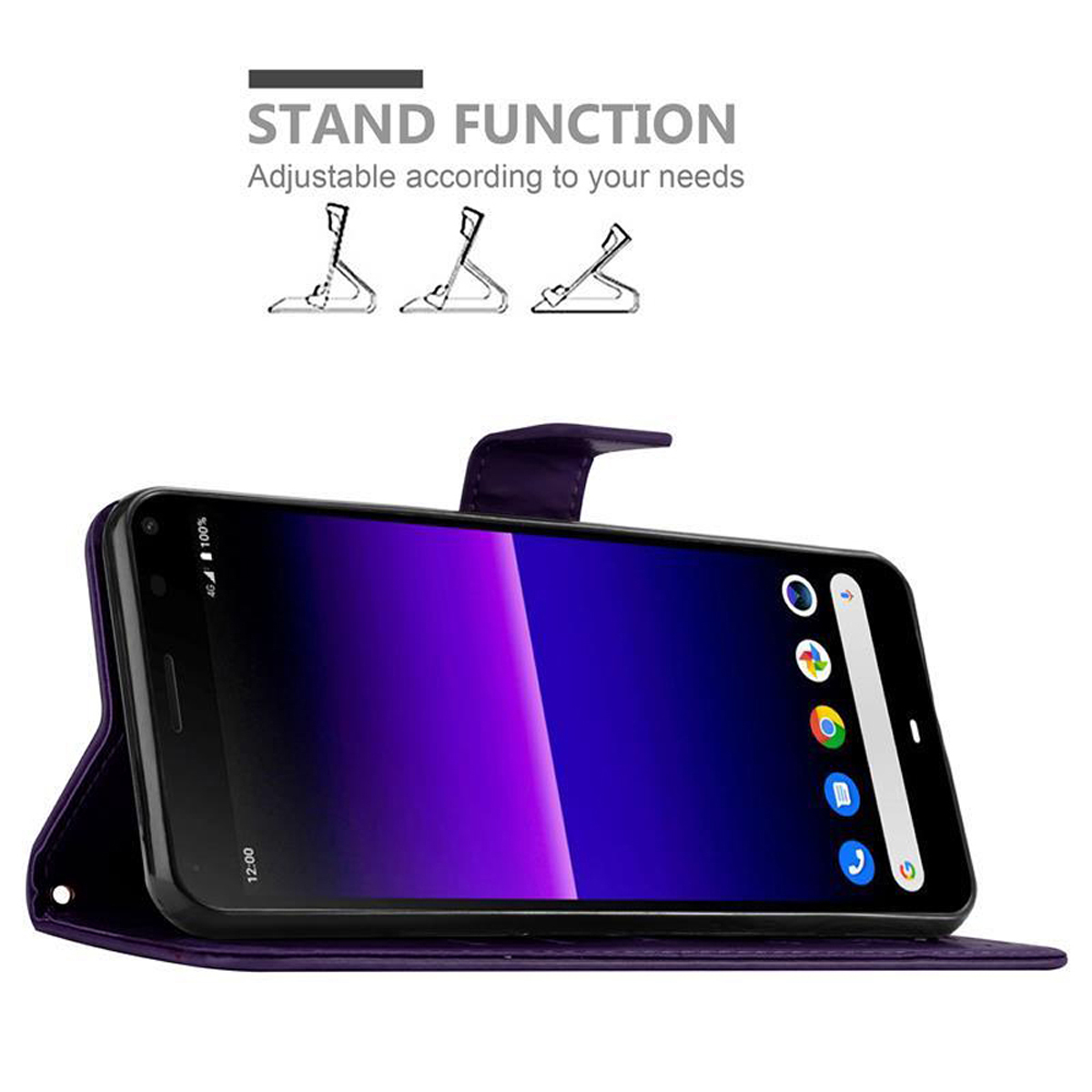 Custodia per telefono viola con un telefono all'interno. Il telefono ha un'interfaccia.
