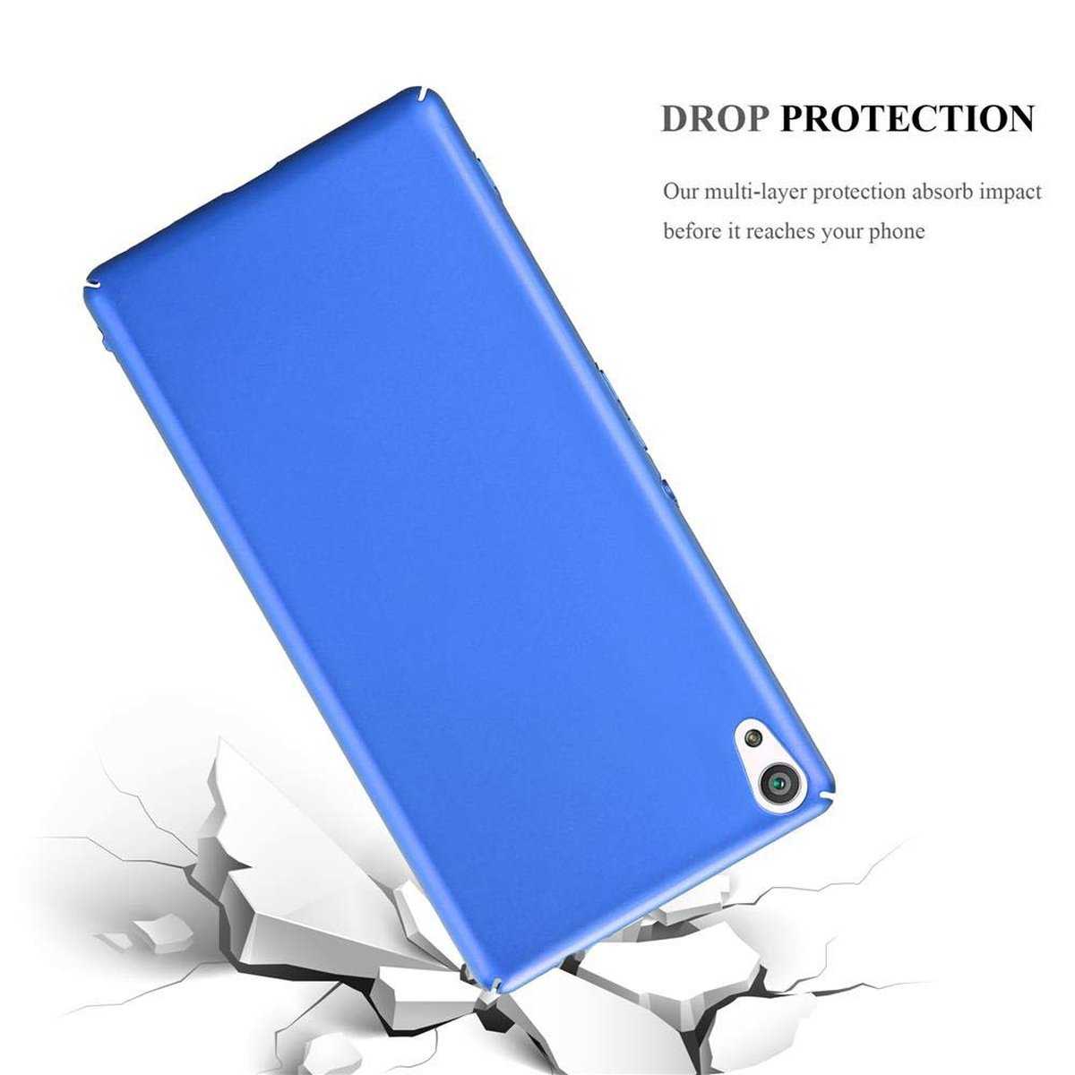 Custodia blu per telefono che cade su superficie bianca con crepe, protezione dalle cadute.