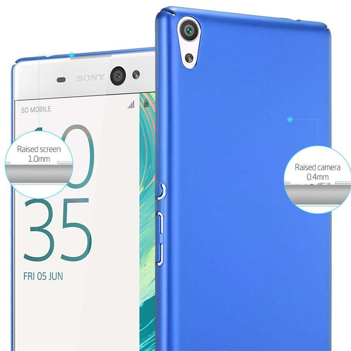 Telefono bianco e blu con testo e diagrammi su elevazioni schermo e fotocamera.