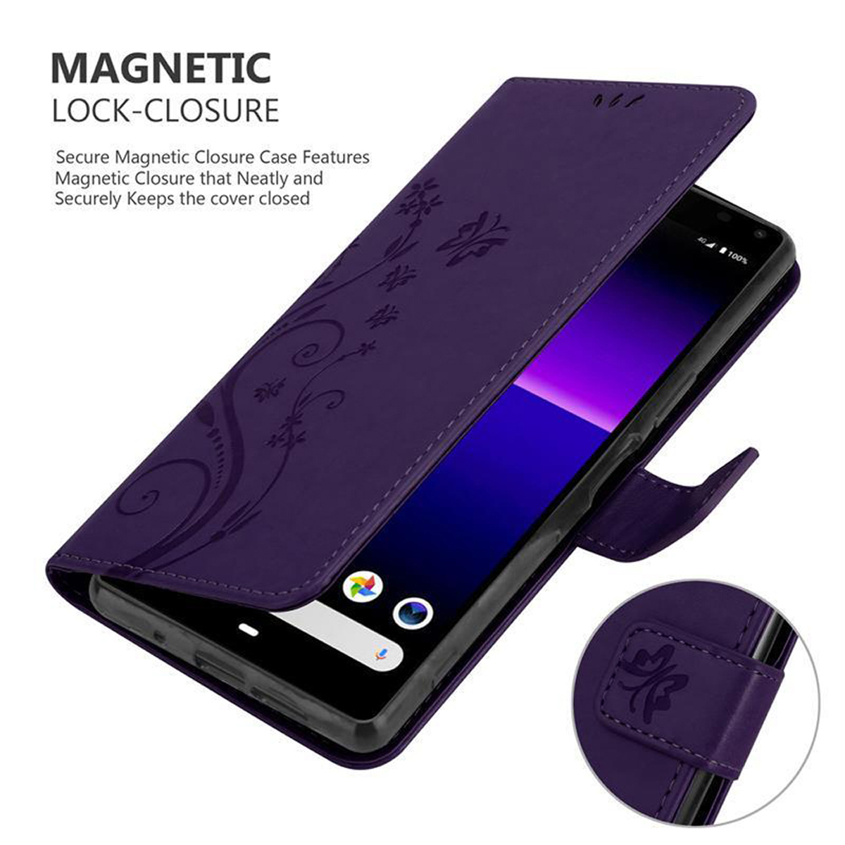 Custodia viola con telefono, design floreale e chiusura magnetica.