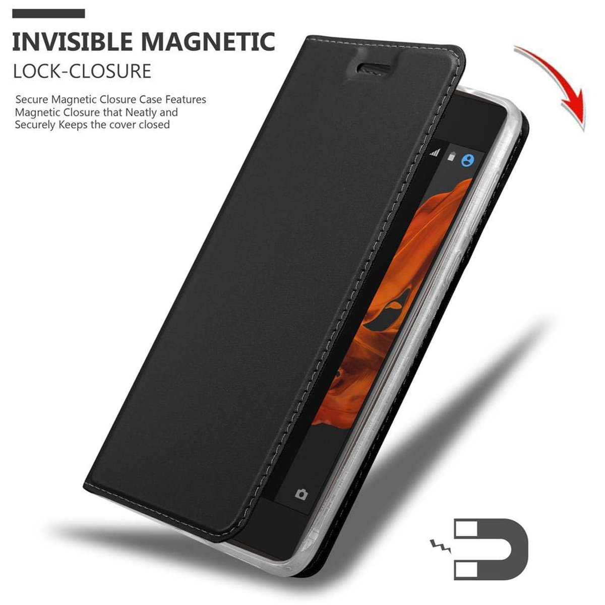 Una custodia per telefono nera con un telefono all'interno. La custodia è aperta con chiusura magnetica. Un magnete.