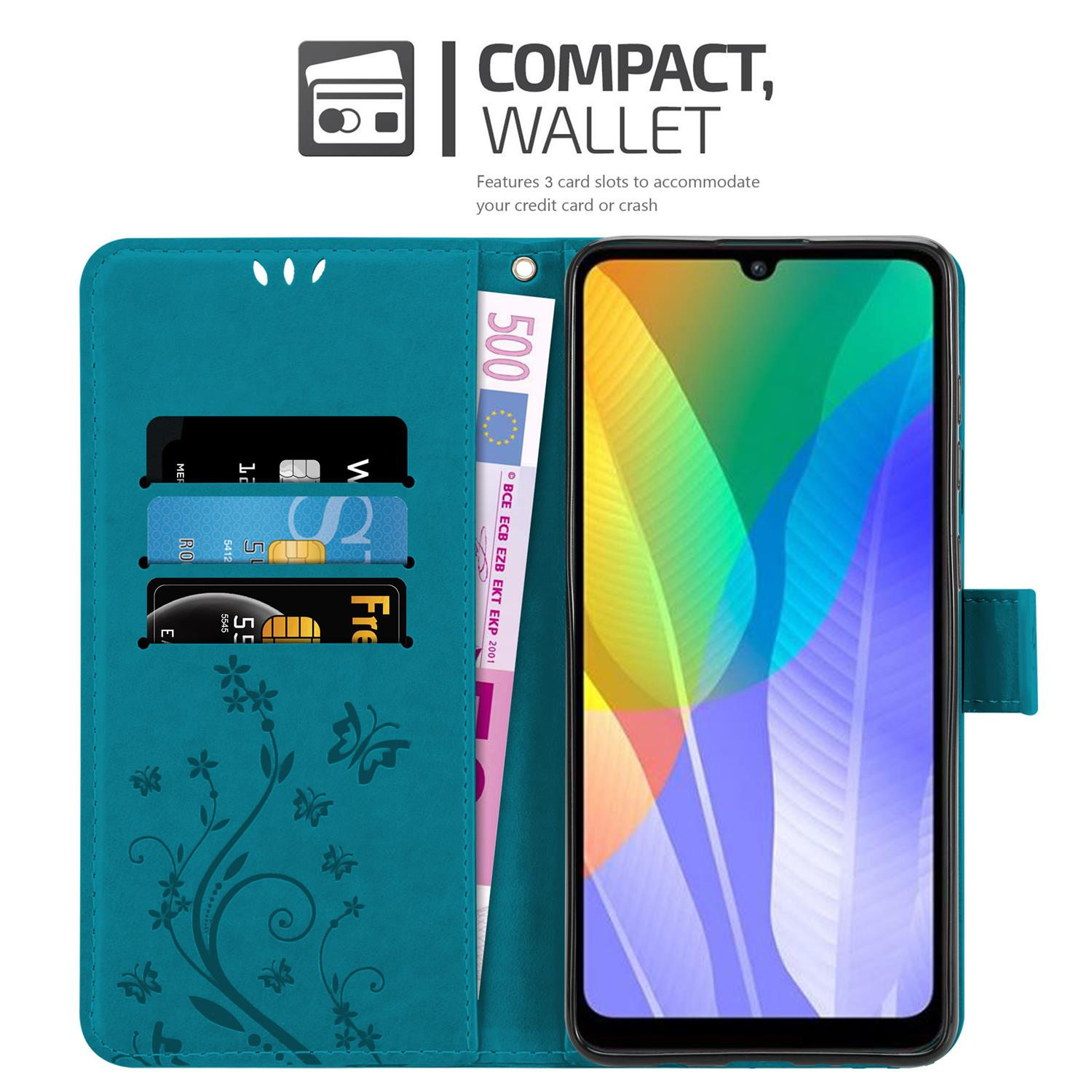 Custodia per telefono turchese aperta, che mostra carte, denaro e lo schermo del telefono con un'immagine colorata.