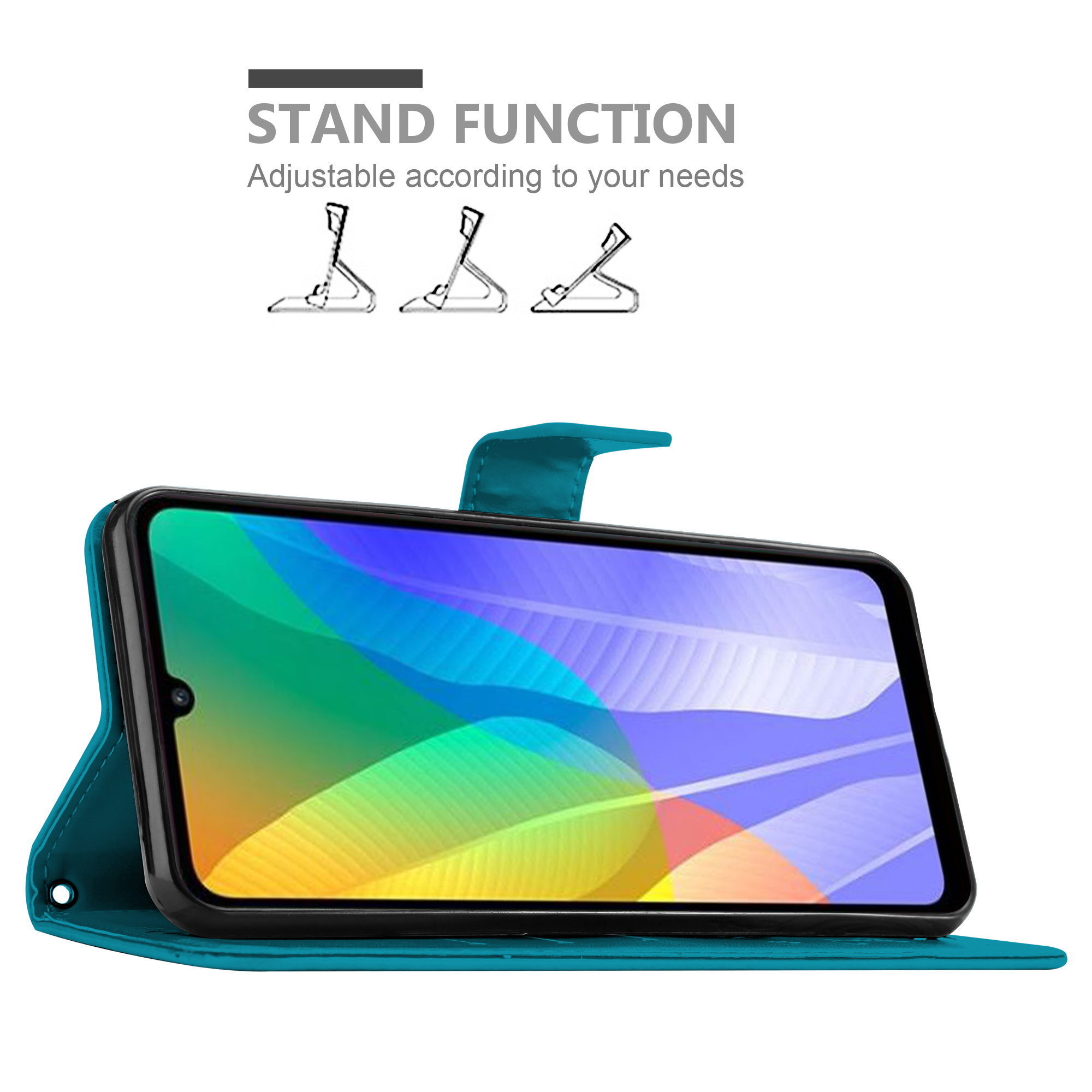 Telefono in una custodia turchese con funzione stand. Lo schermo mostra un'interfaccia blu. Fodera turchese.