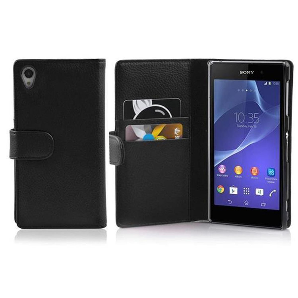 Funda de teléfono negra, abierta, que muestra el teléfono con aplicaciones y una tarjeta de crédito. Fondo blanco.