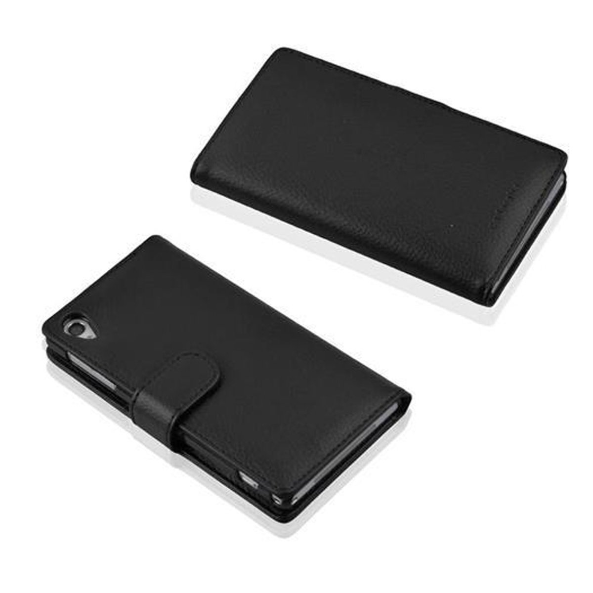 Dos fundas negras para teléfono, una cerrada, otra abierta. La funda abierta tiene un teléfono dentro. Ambas fundas están sobre una superficie blanca.