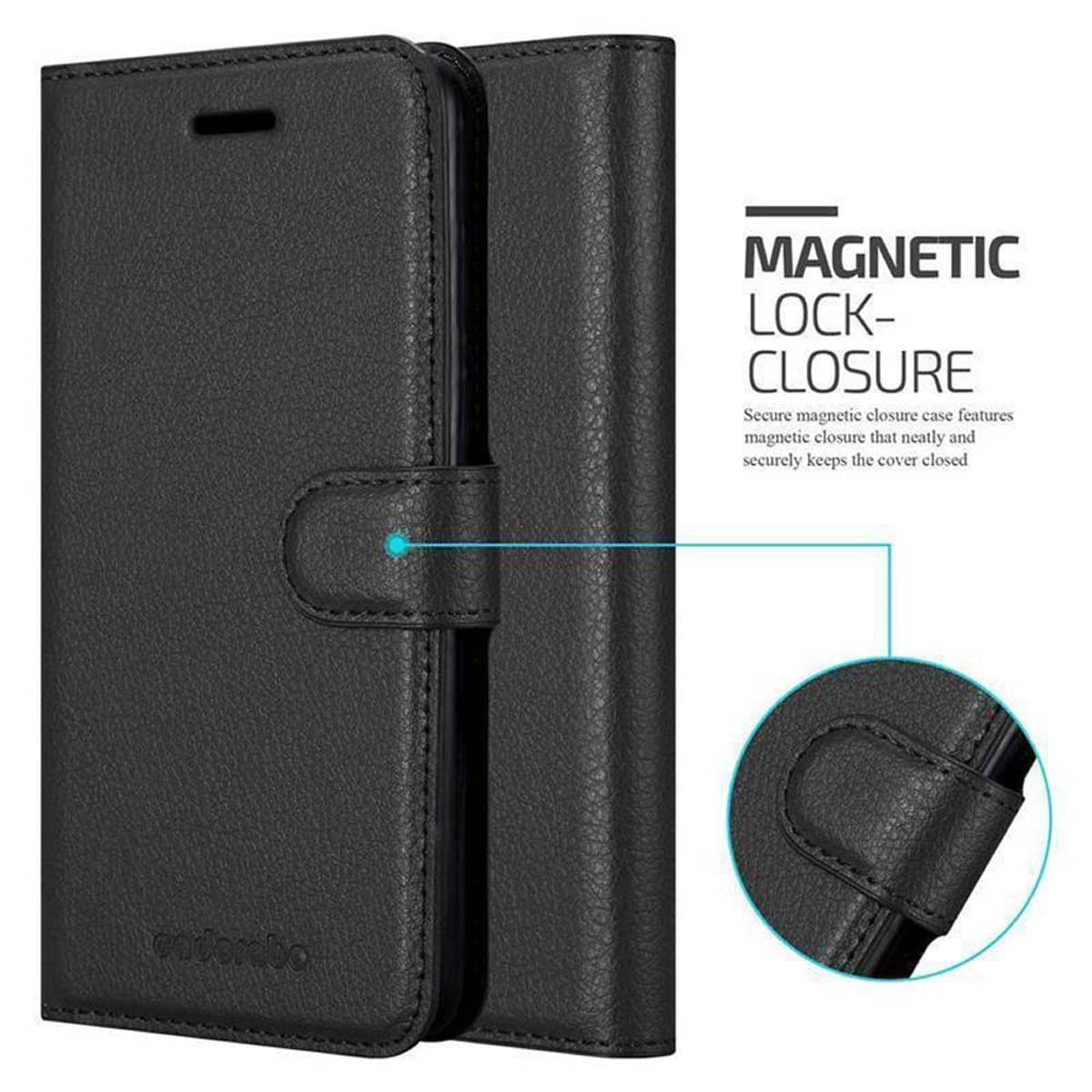 Schwarze Handyhülle mit Magnetverschluss, geöffnet, um die Innenseite zu zeigen, und der Text 'magnetic lock-closure'.
