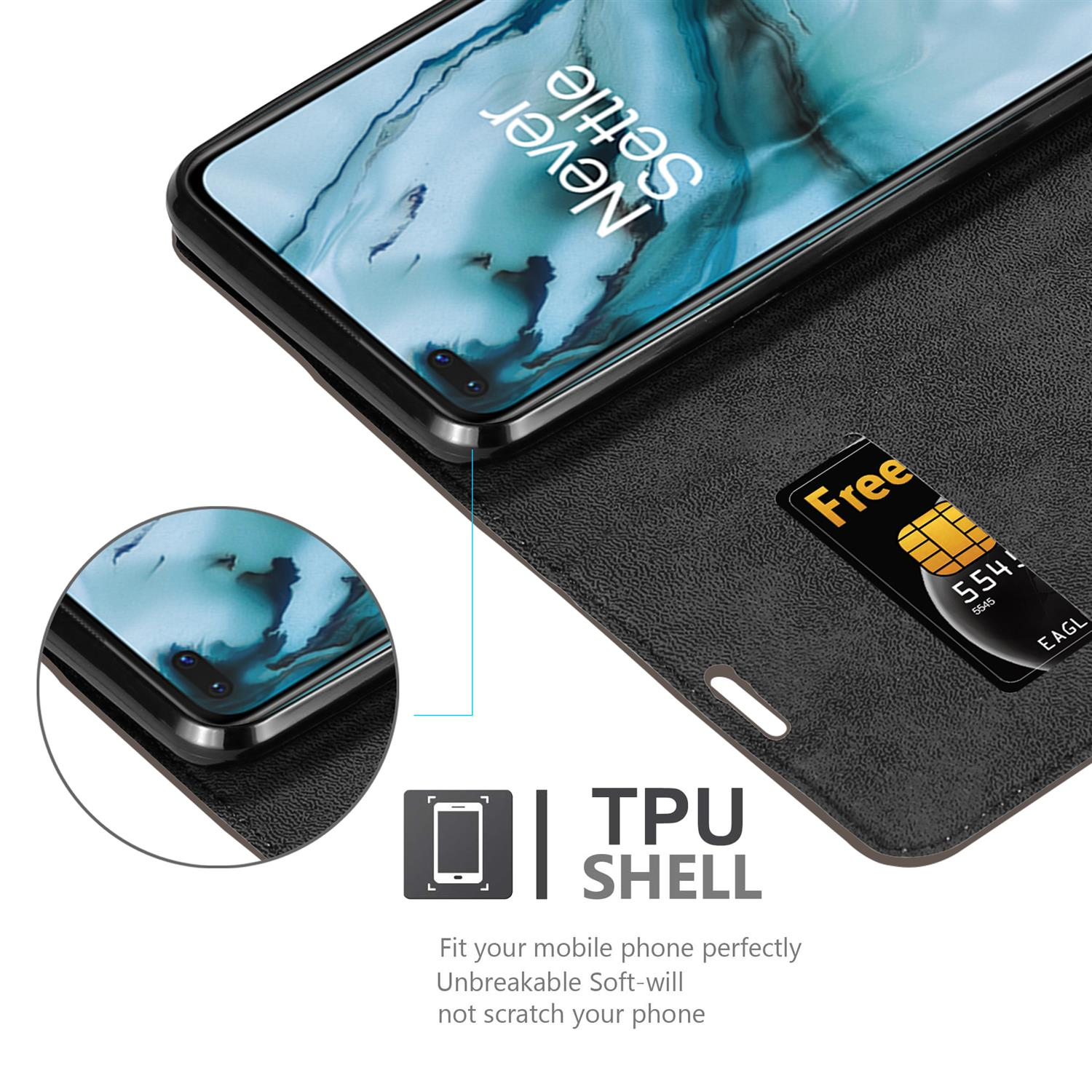 Custodia nera con telefono e carta. Mostra guscio in TPU e slot per schede.