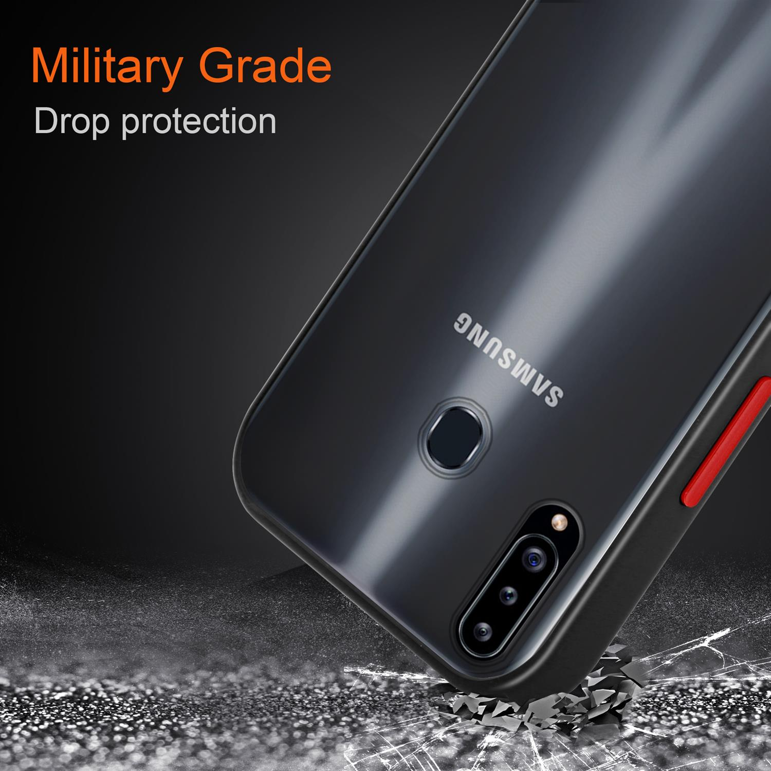 Schwarze Handyhülle mit Telefon. Auf der Rückseite steht SAMSUNG, mit einem Sturzschutz-Design.